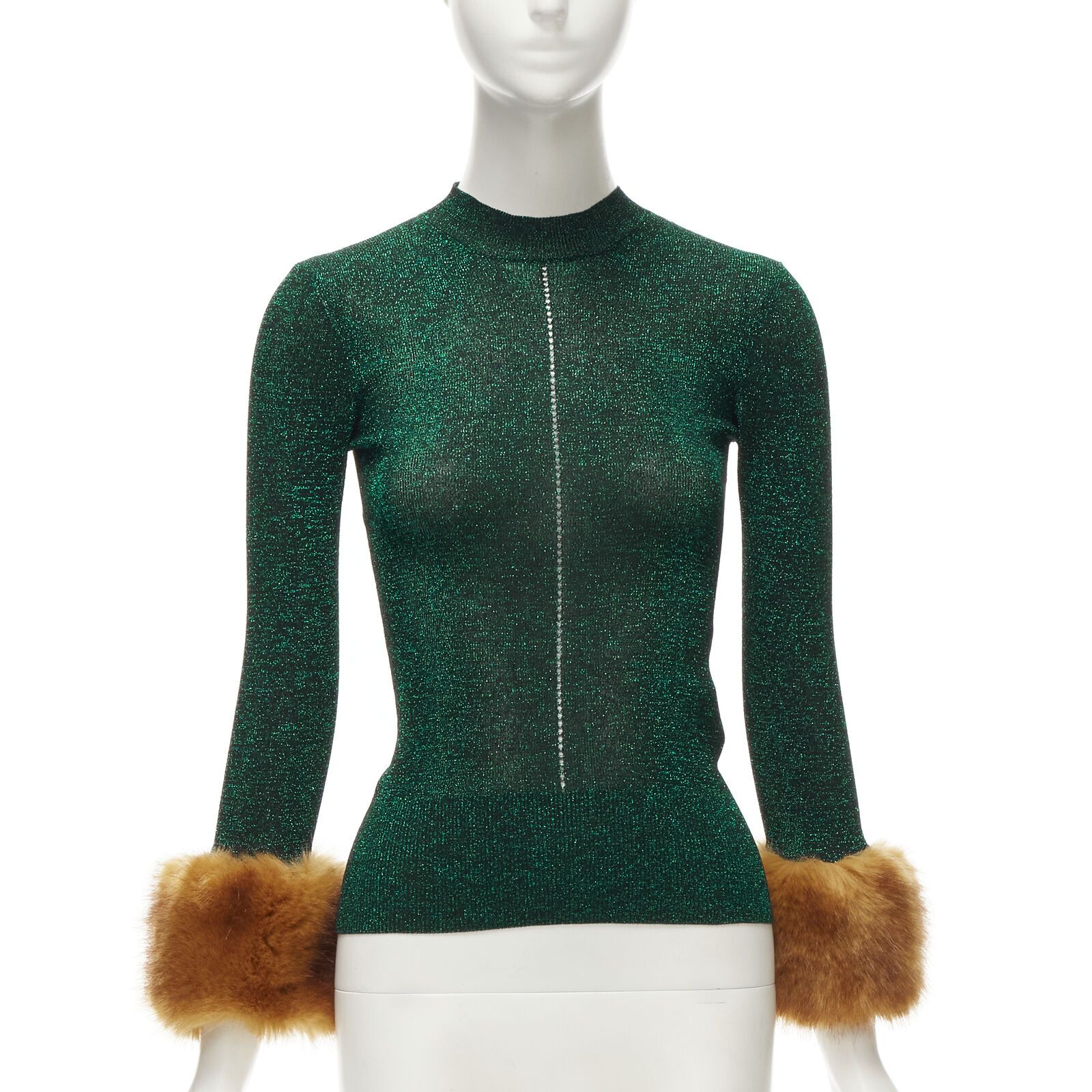 Image of Saint Laurent Paris Saint Laurent Metallic Green Lurex Black Faux Fur Trim Ribbed Top Xs, Women's (