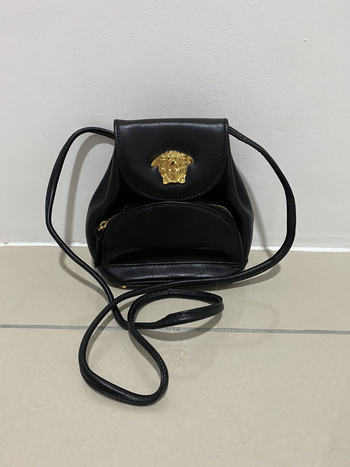 Versace Black Leather Purse Gold Medusa Sling bag