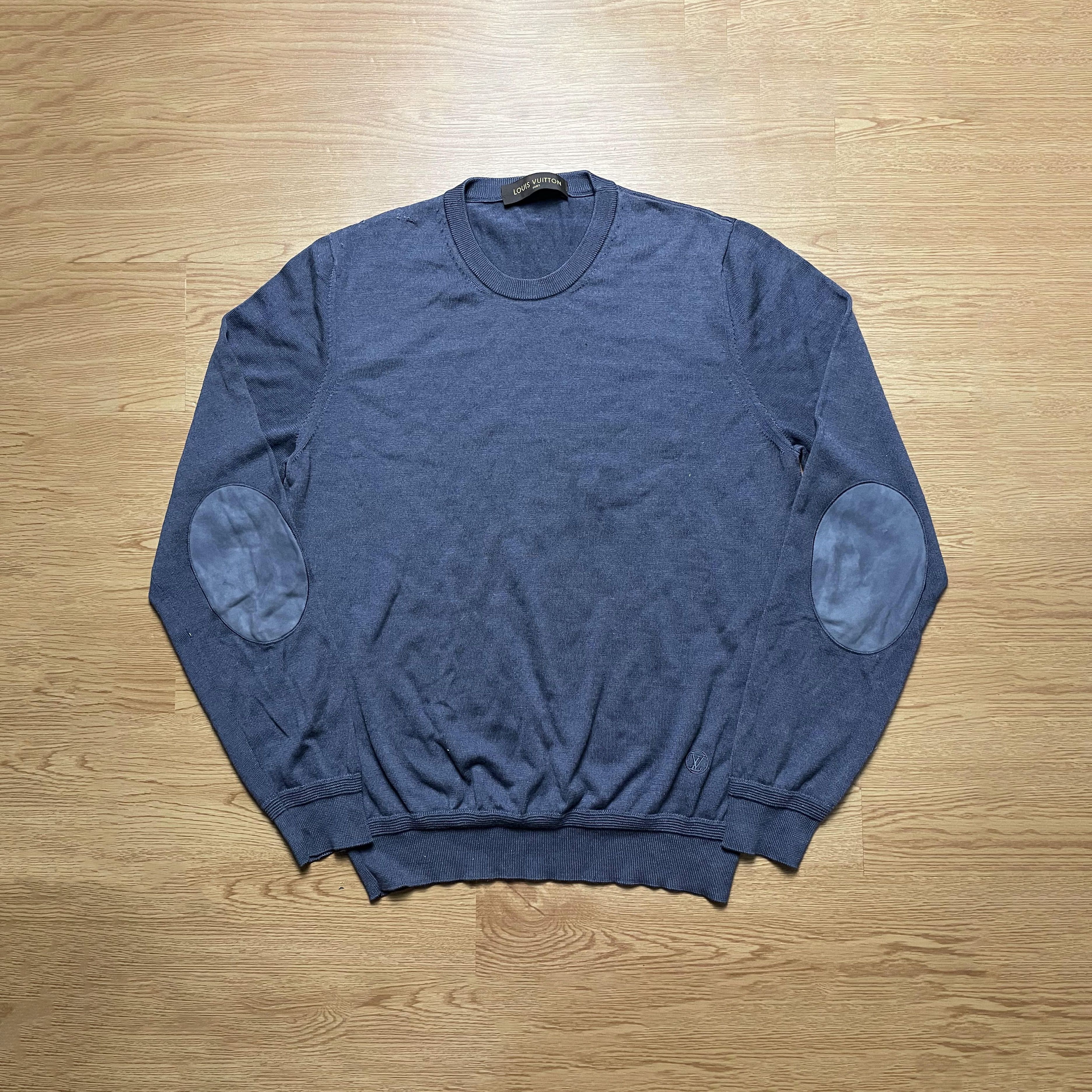 image of Louis Vuitton Knit Crewneck Sweater Leather Patch in Blue Gray, Men's (Size XL)