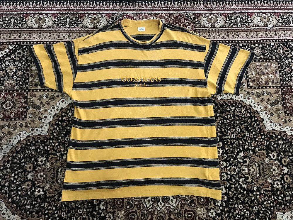 Guess × Vintage 90s Guess Made in Usa Mustard Yellow Striped t shirt Size US XL / EU 56 / 4 - 9 Thumbnail