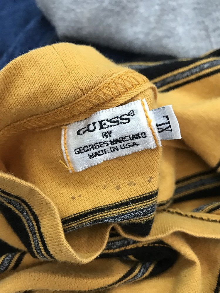 Guess × Vintage 90s Guess Made in Usa Mustard Yellow Striped t shirt Size US XL / EU 56 / 4 - 6 Thumbnail