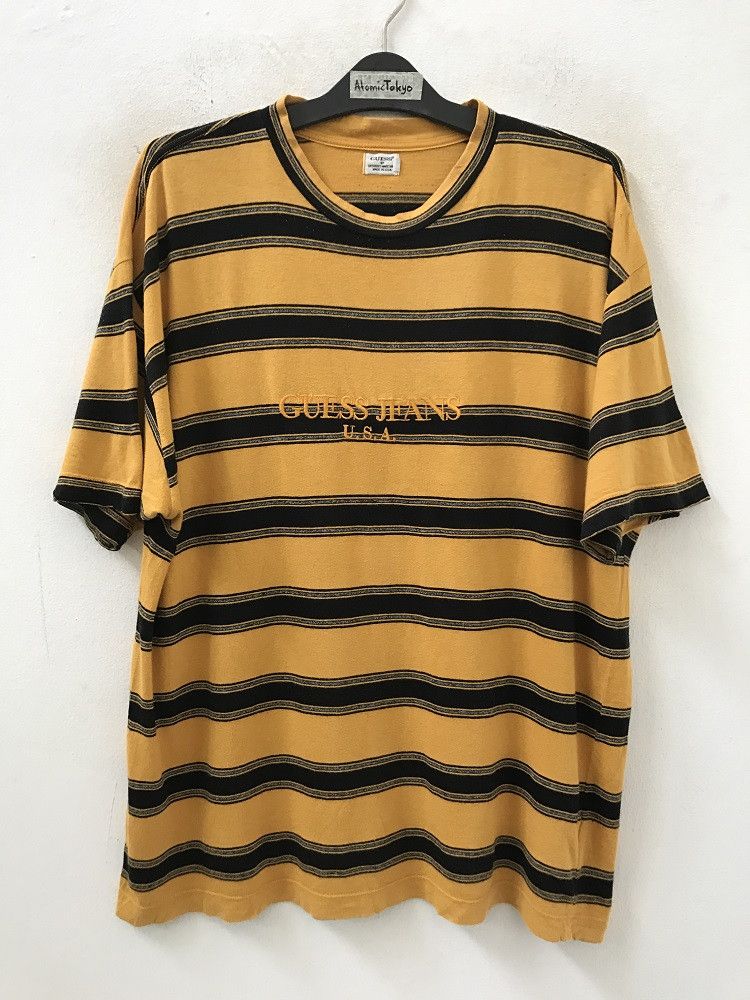 Guess × Vintage 90s Guess Made in Usa Mustard Yellow Striped t shirt Size US XL / EU 56 / 4 - 1 Thumbnail