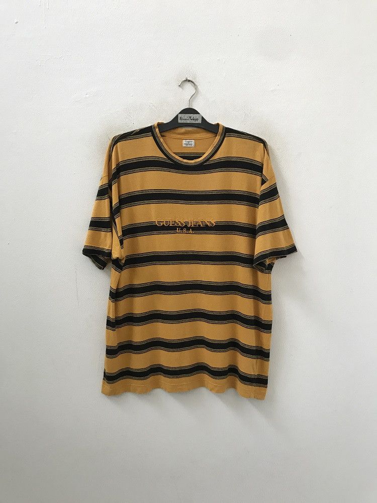 Guess × Vintage 90s Guess Made in Usa Mustard Yellow Striped t shirt Size US XL / EU 56 / 4 - 2 Thumbnail