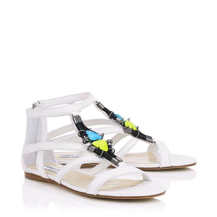 Jimmy Choo NANO WHITE LEATHER JEWELED CAGE FLATS GLADIATORS SANDALS 40 ...