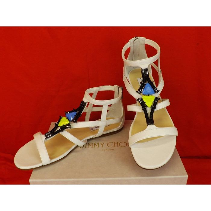 Jimmy Choo NANO WHITE LEATHER JEWELED CAGE FLATS GLADIATORS SANDALS 40 ...