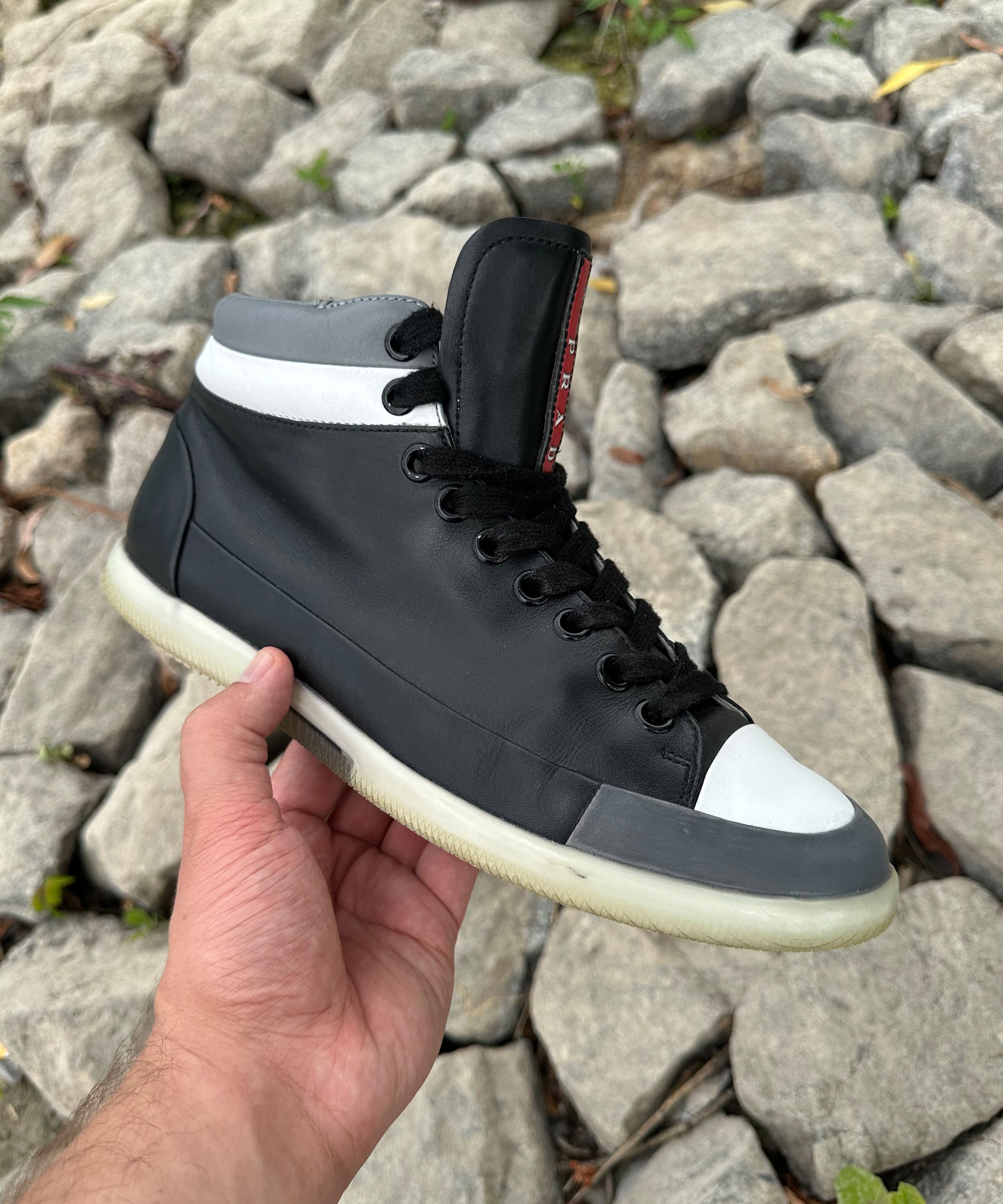 PRADA Sneakers Boots Hi Top Leather Red Tab White Black