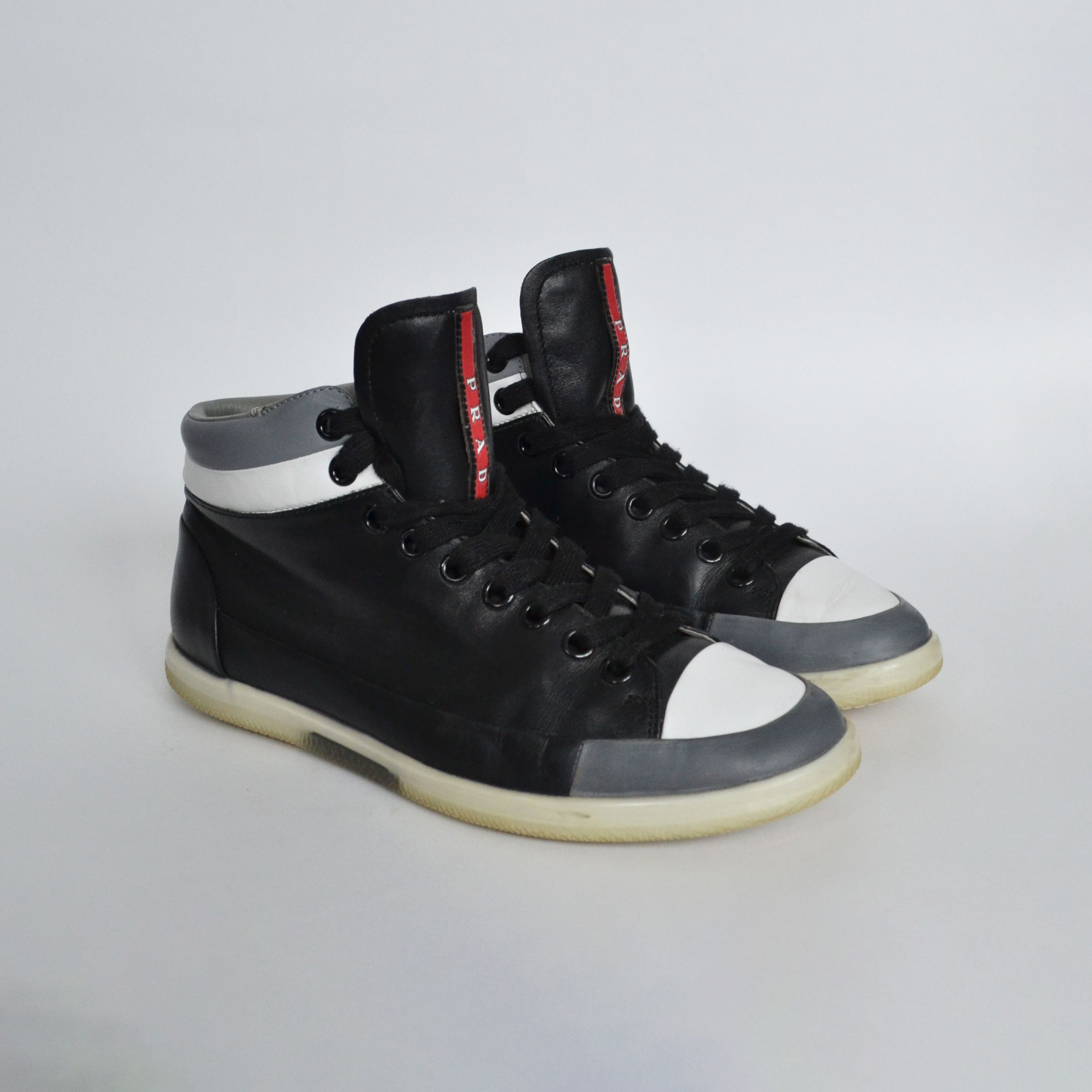 Prada 🔴 PRADA Sneakers Boots Hi Top Leather Red Tab White Black Size US 7 / EU 40 - 4 Thumbnail