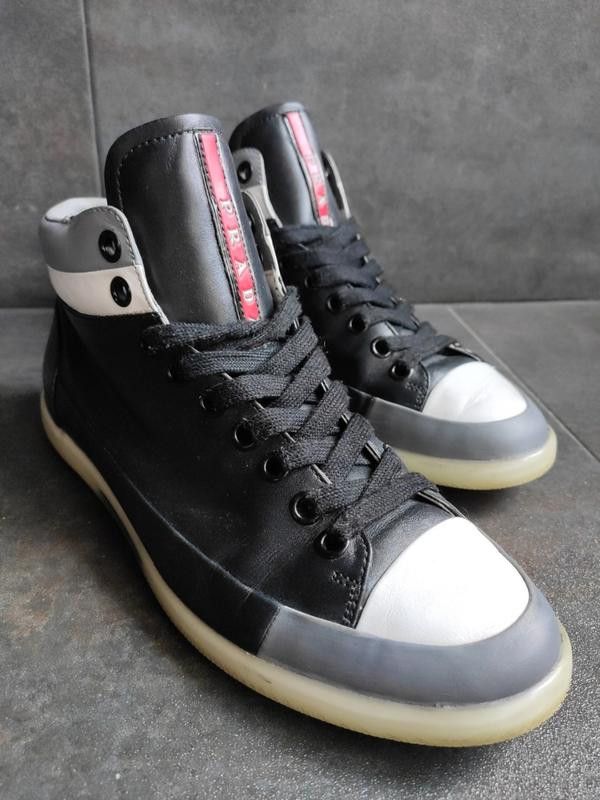 Prada 🔴 PRADA Sneakers Boots Hi Top Leather Red Tab White Black Size US 7 / EU 40 - 13 Thumbnail