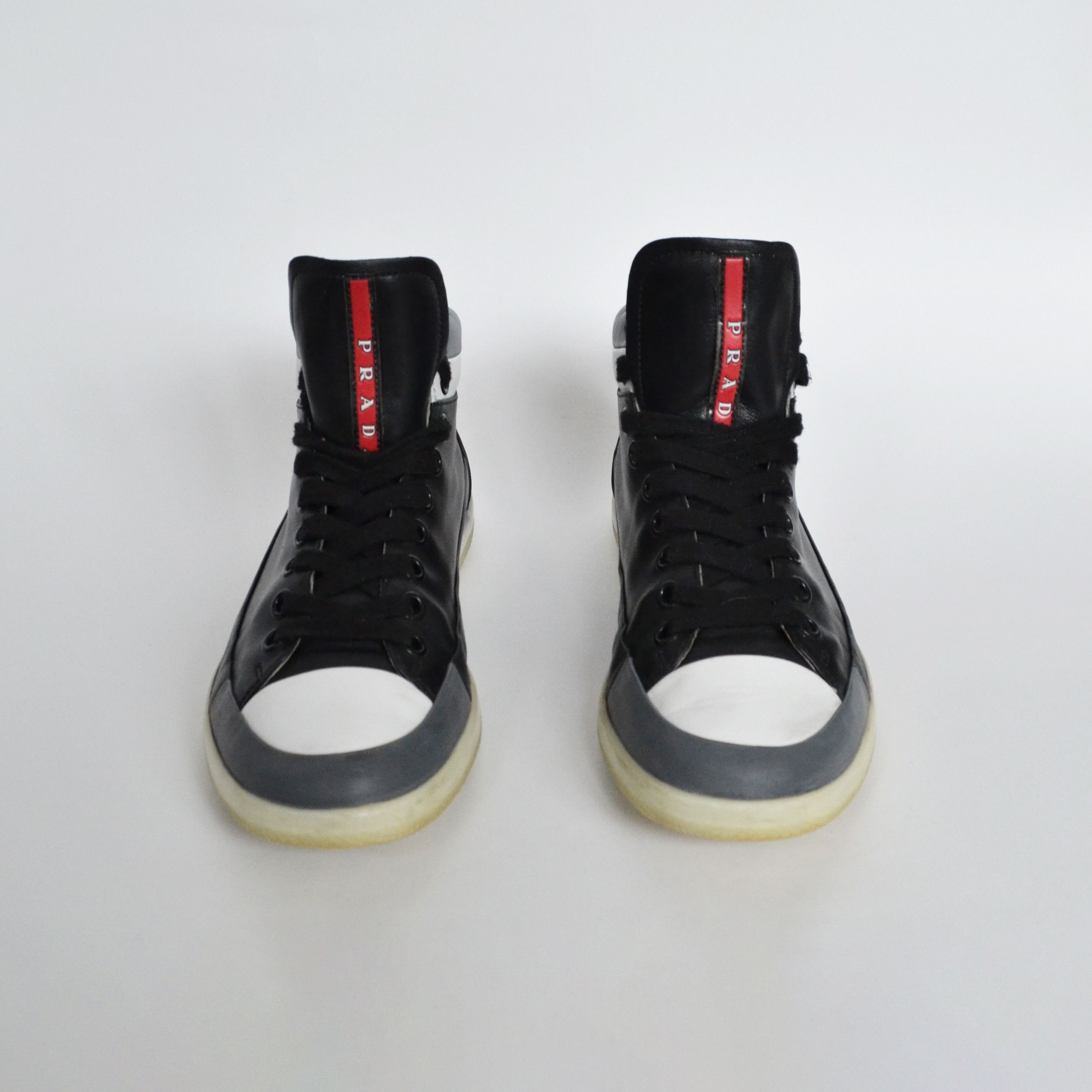 Prada 🔴 PRADA Sneakers Boots Hi Top Leather Red Tab White Black Size US 7 / EU 40 - 3 Thumbnail