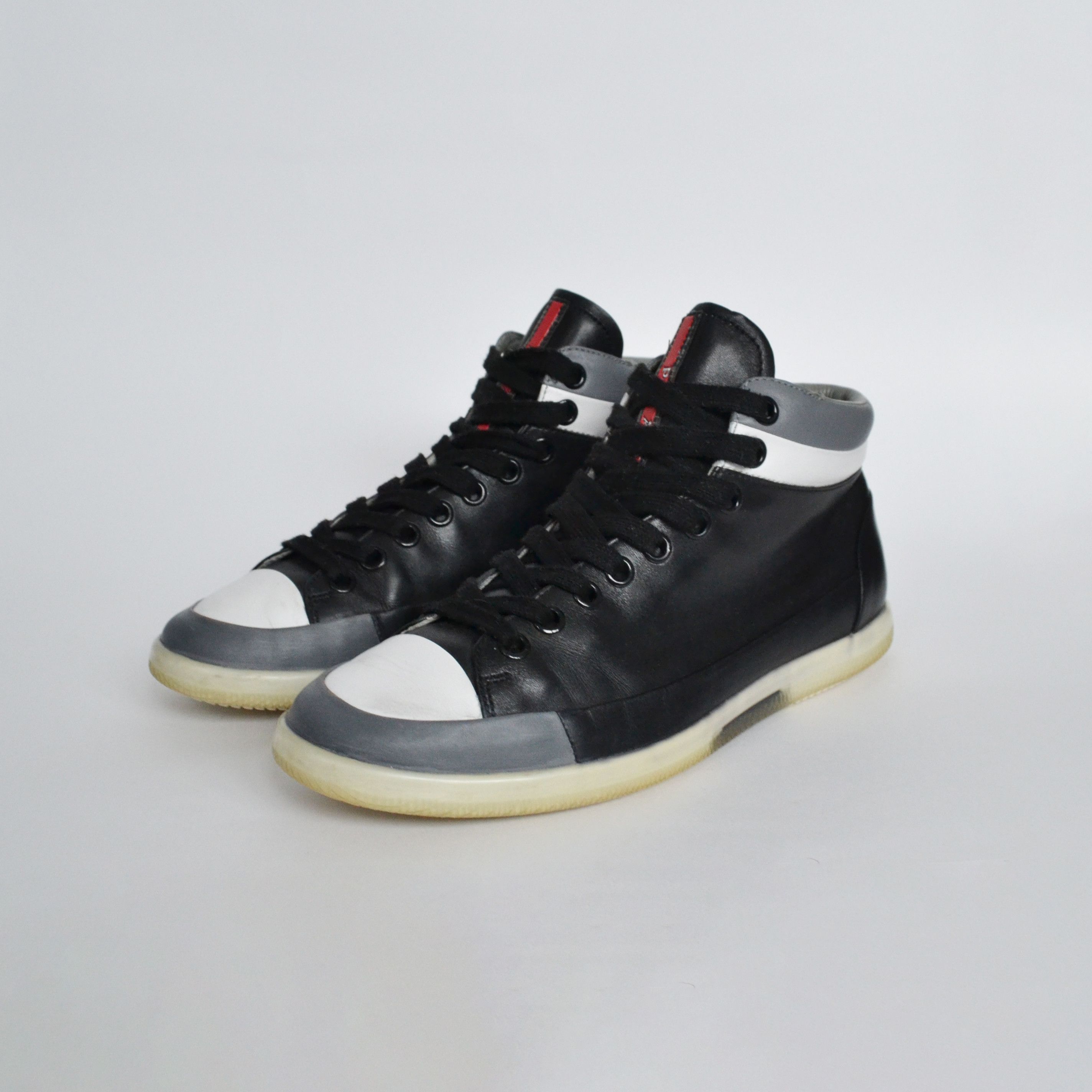 Prada 🔴 PRADA Sneakers Boots Hi Top Leather Red Tab White Black Size US 7 / EU 40 - 1 Thumbnail