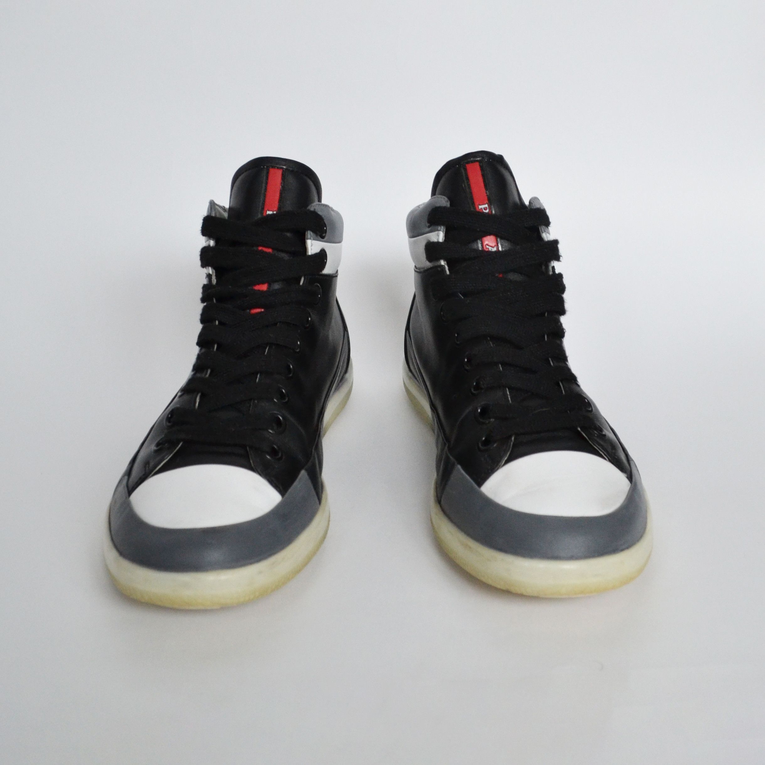 Prada 🔴 PRADA Sneakers Boots Hi Top Leather Red Tab White Black Size US 7 / EU 40 - 2 Thumbnail