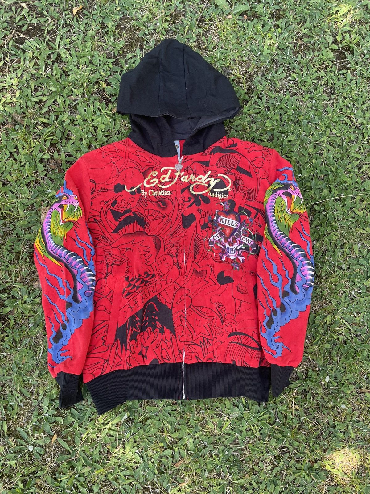 Image of Christian Audigier x Ed Hardy Aop Zip Hoodie in Red, Men's (Size XL)