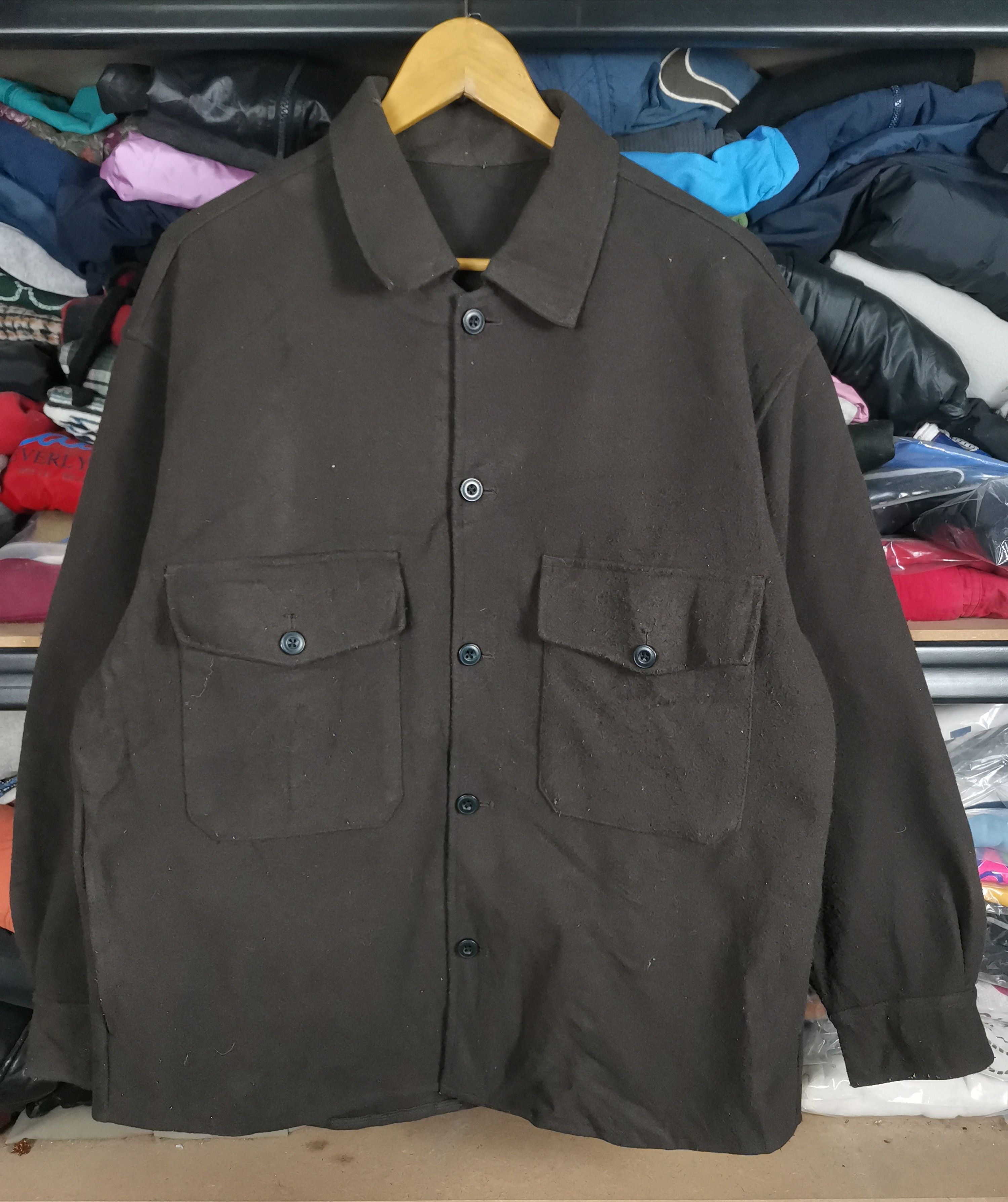 image of Archival Clothing x Flannel Gu By Uniqlo Wool Flannel Shirt Jacket Brown in Dark Brown (Size Large)