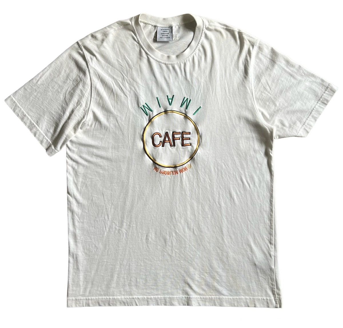 image of Ss2019 Vetements Miami Cafe Save The Planet Embroidered Tee in White, Men's (Size Large)
