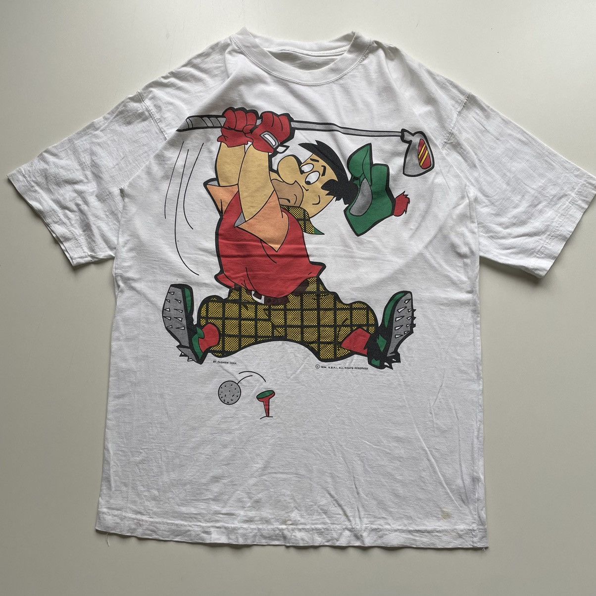 image of Cartoon Network Vintage 90's Fred Flintstones Golfing Pga Graphic T Shirt in White (Size Large)