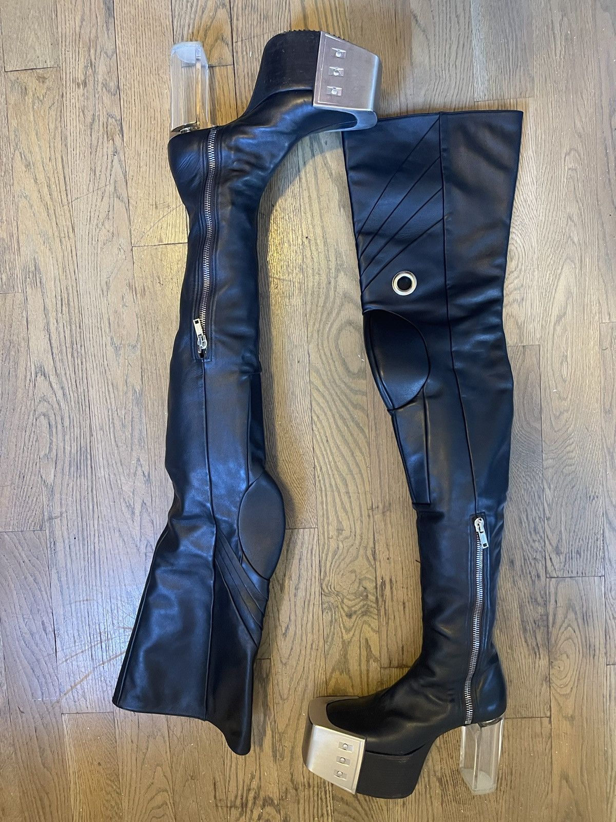 Pre-owned Rick Owens Aw20 Sample Performa Thigh High Kiss Moto Boots In Black