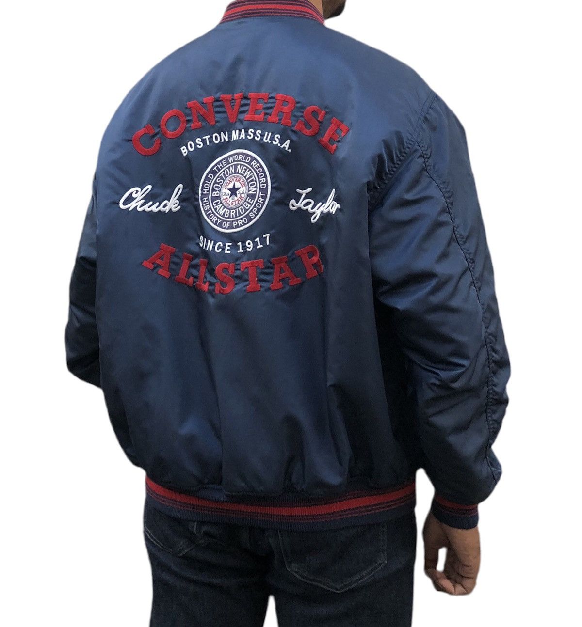 image of Bomber Jacket x Converse Vintage Converse Chuck Taylor Embroidery Logo Jacket in Blue (Size Large)