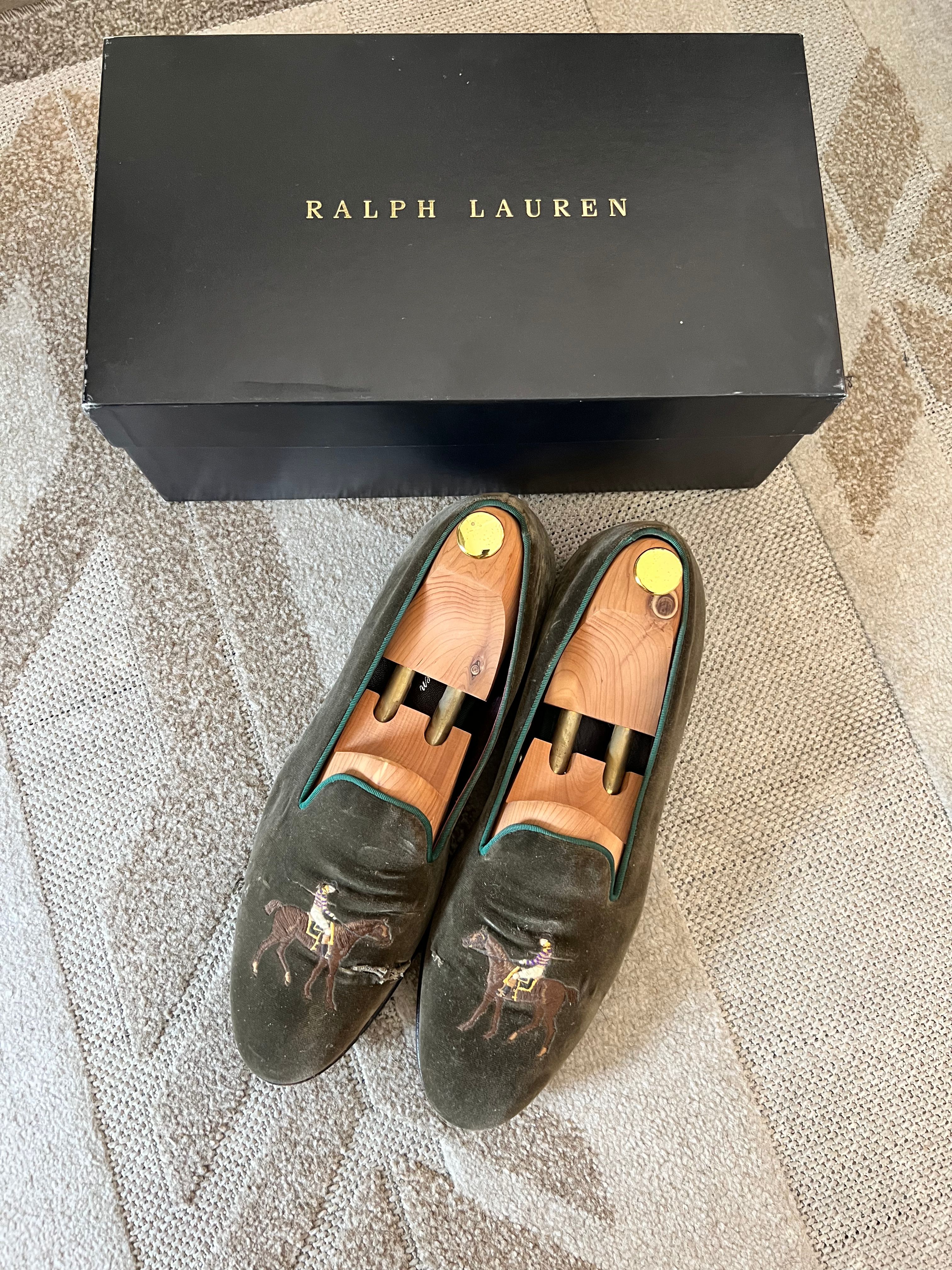 Pre-owned Ralph Lauren Purple Label $895 Alonzo Horse Embrodiery Olive Velvet Slippers Loafers In Green