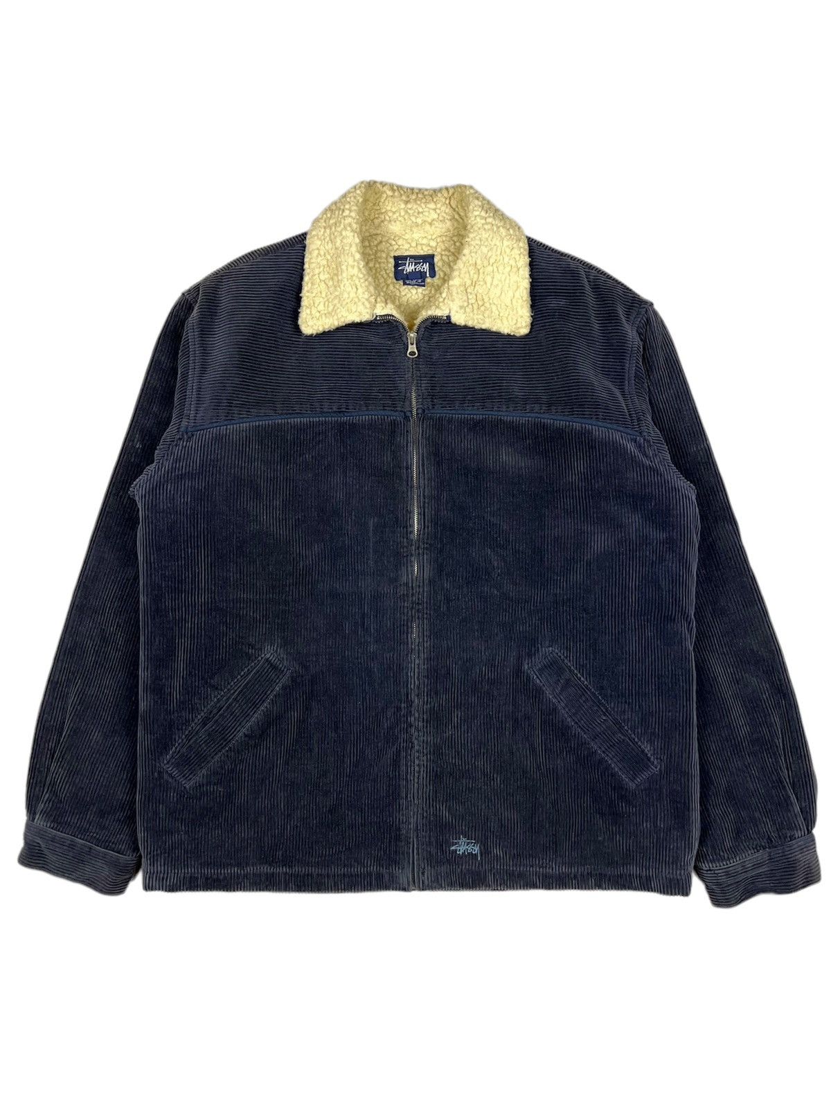 image of 90's Stussy Corduroy Sherpa Lining Jacket in Dark Blue, Men's (Size Medium)