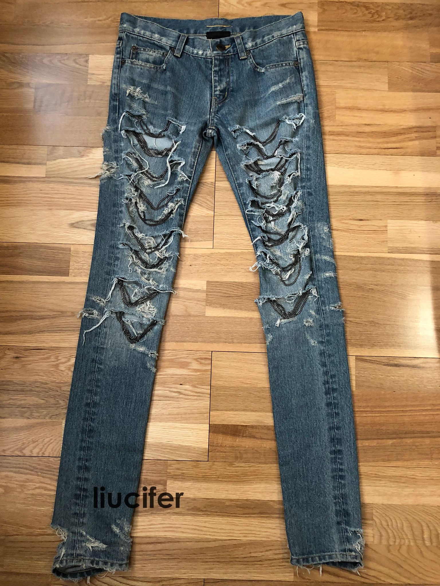 Hedi Slimane × Saint Laurent Paris 🔥FW13🔥 CHAIN DENIM LITTLE CRASH DISTRESSED SKINNY SAMPLE Size US 27 - 3 Thumbnail