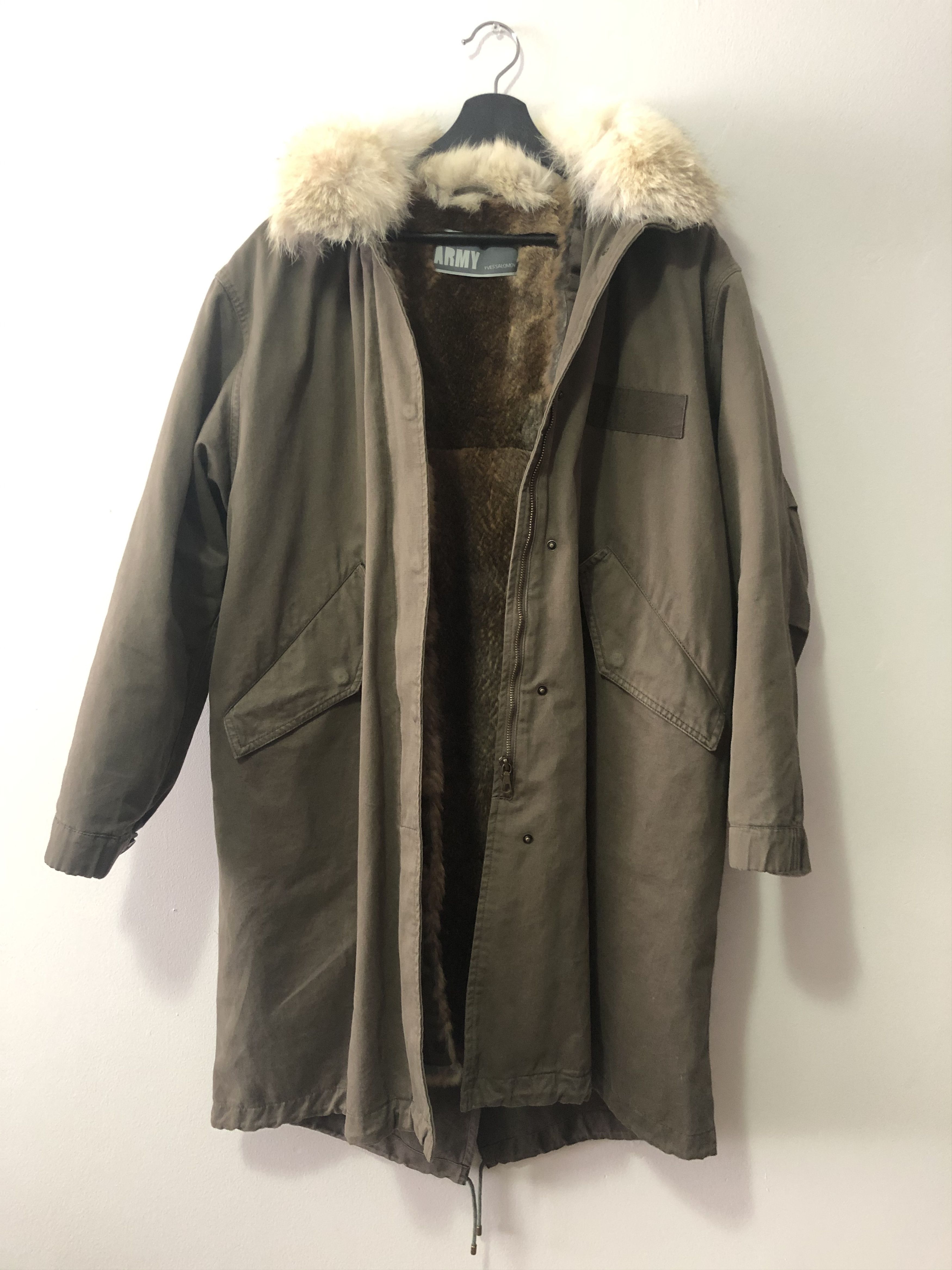 image of YVES Salomon Rabbit Coyote Fur-Lined Fishtail Parka in Army Green, Men's (Size Small)