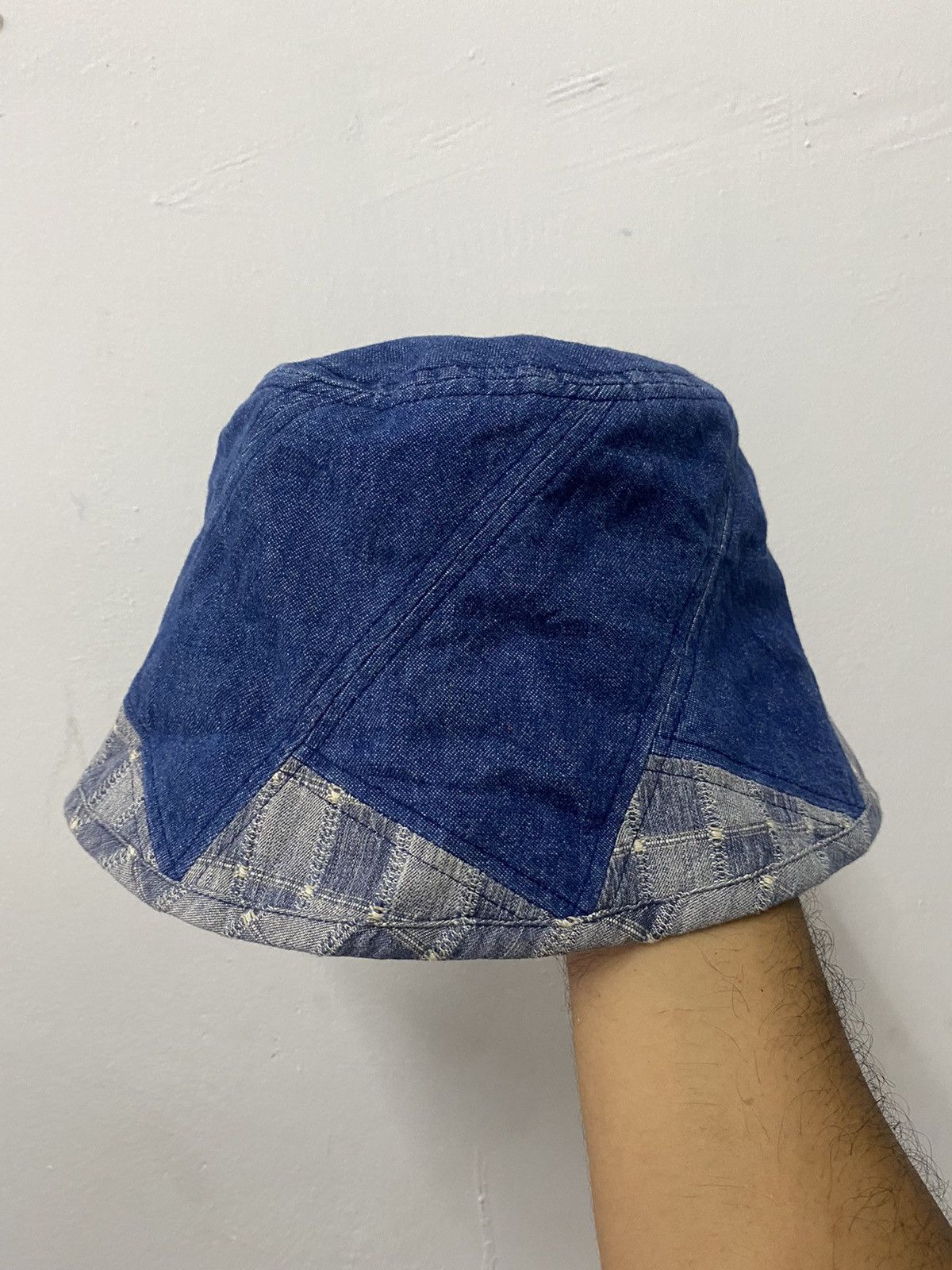 image of Distressed Denim x Vintagepatchwork Denim Unique Calmtime Brand Bucket Hat, Men's