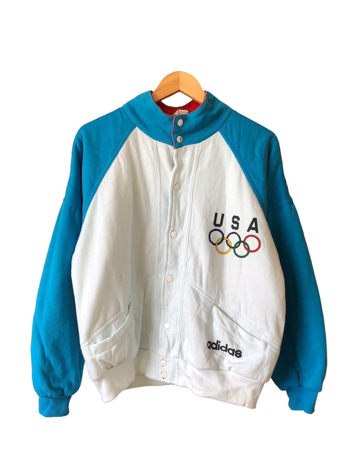 image of 90's Adidas Usa Olympic Button Up Jacket in Light Blue, Men's (Size Large)