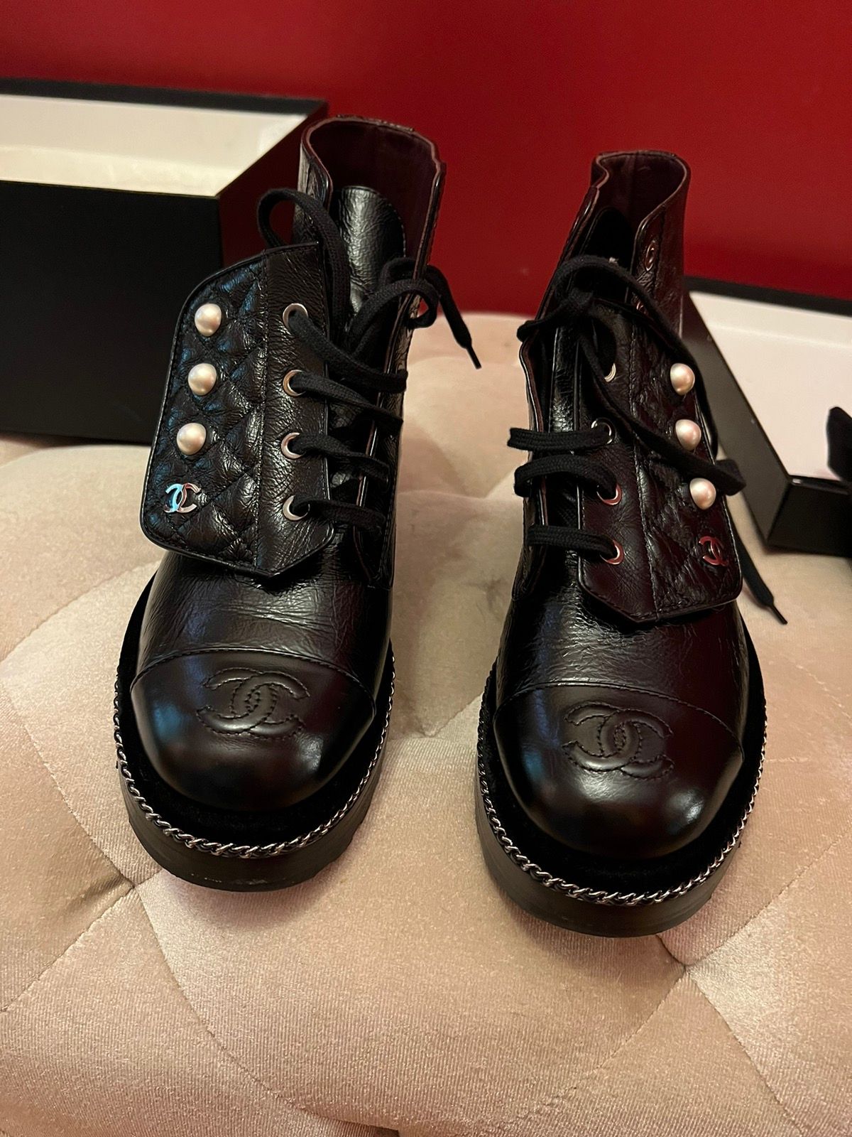 Chanel Combat boots w pearls