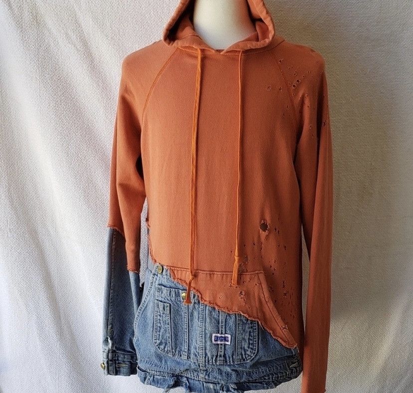 Greg Lauren Distressed Loopback Cotton-Jersey/Denim Hoodie Size US M / EU 48-50 / 2 - 2 Thumbnail