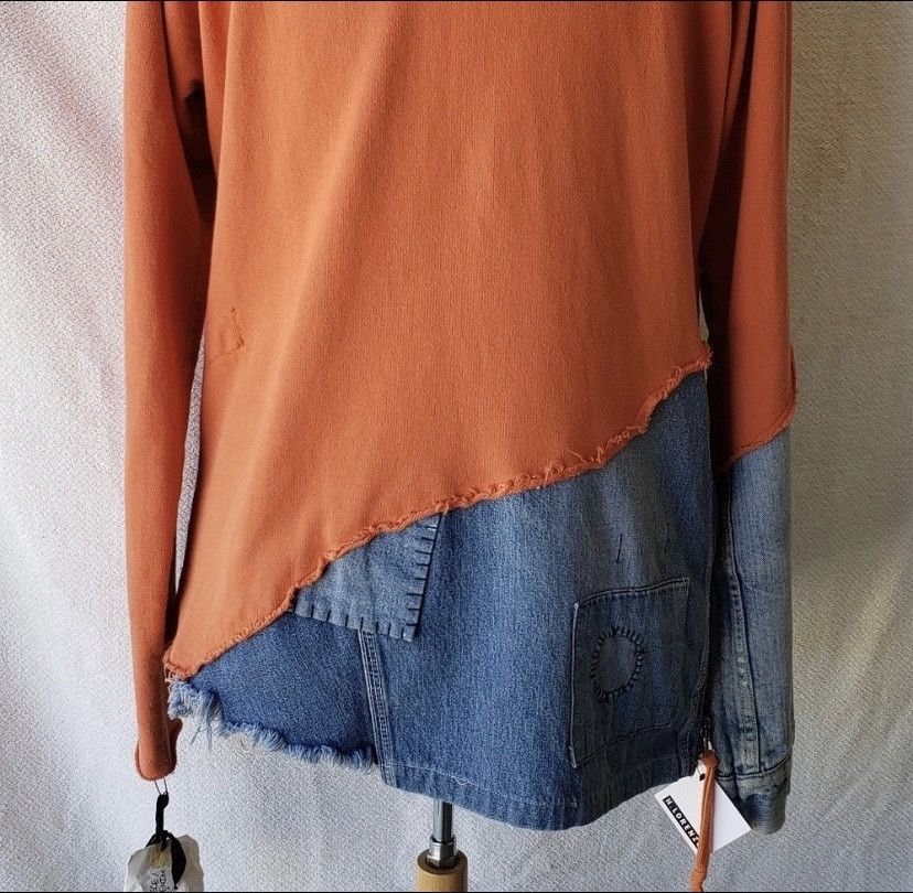 Greg Lauren Distressed Loopback Cotton-Jersey/Denim Hoodie Size US M / EU 48-50 / 2 - 3 Thumbnail