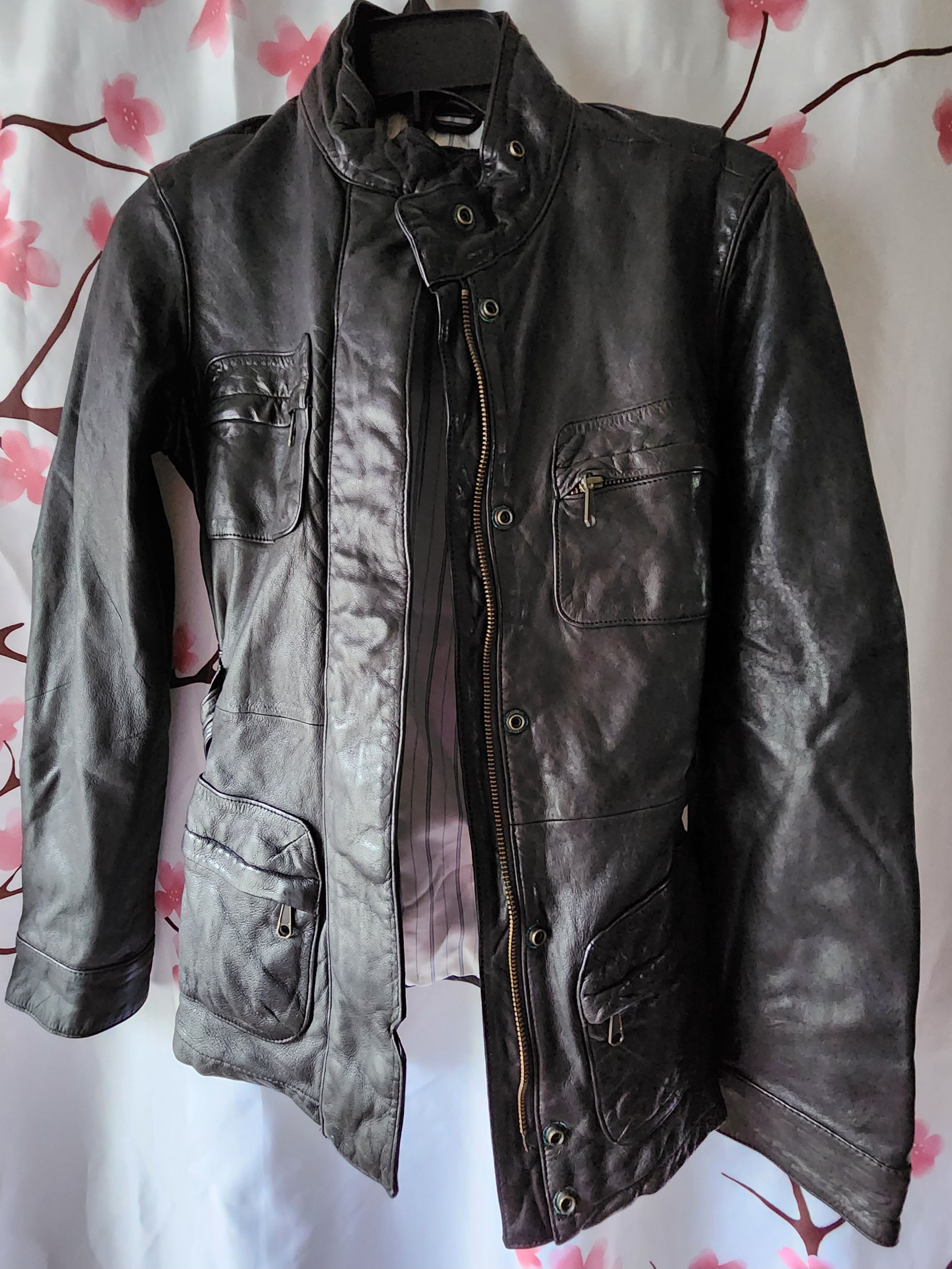 image of Gap Black 100% Genuine Leather Belted Moto Jacket Coat Xs, Women's