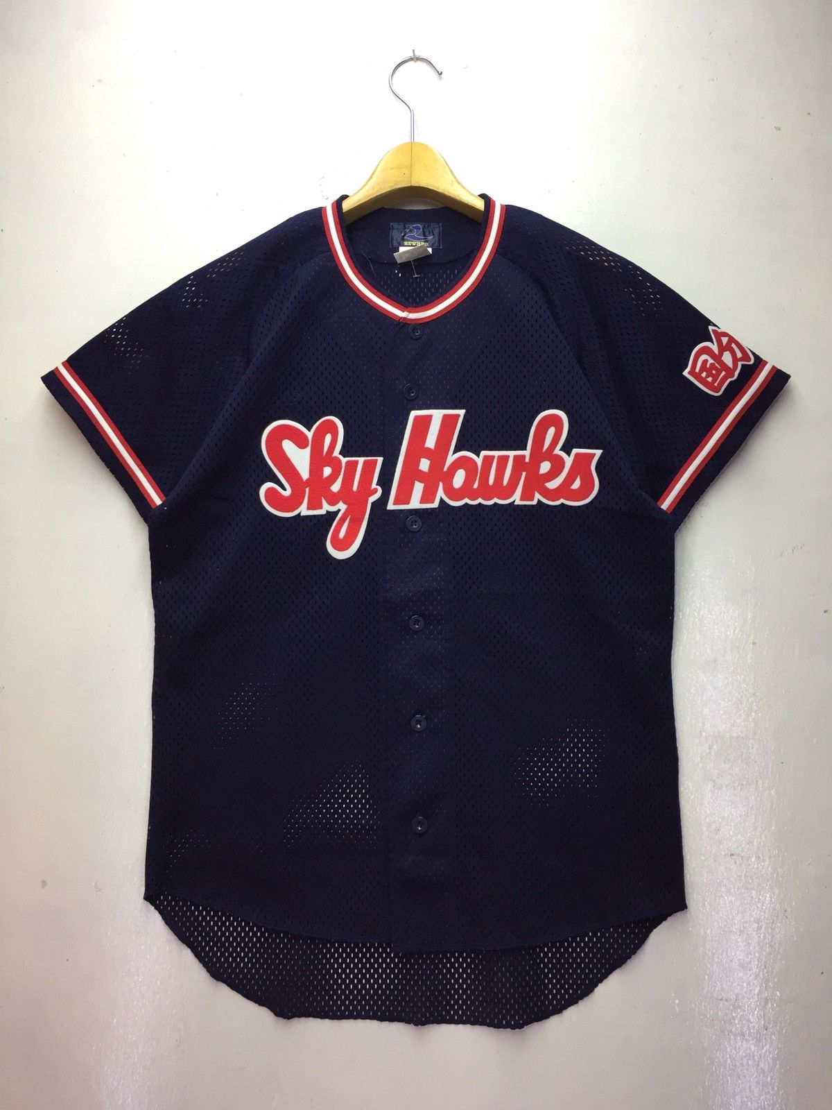 image of Asics Vintage Sky Hawks Baseball Shirt in Blue Black, Men's (Size Large)