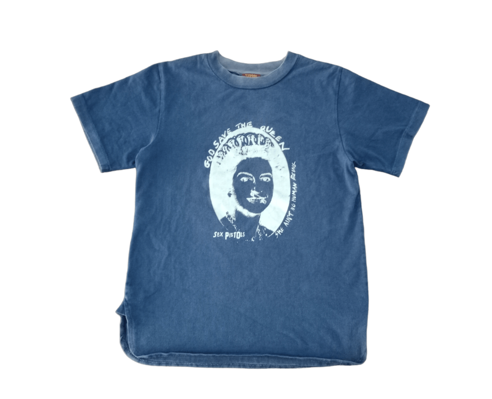 image of Malcolm Mclaren x Seditionaries Worlds End Sexpistol 'godsavethequeen' Punk T Shirt in Blue Fade (S