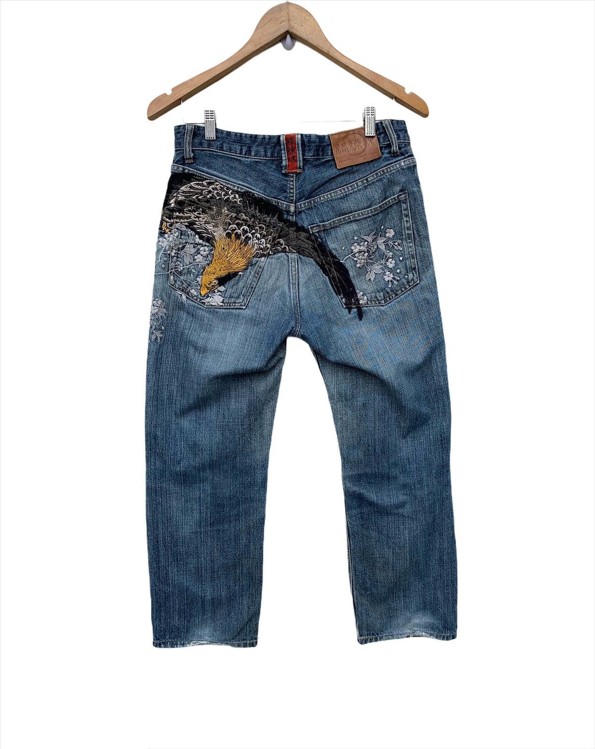 image of Distressed Denim Karakuri Tamashi Embroidered Eagle Bondage Denim Pant in Blue, Men's (Size 31)