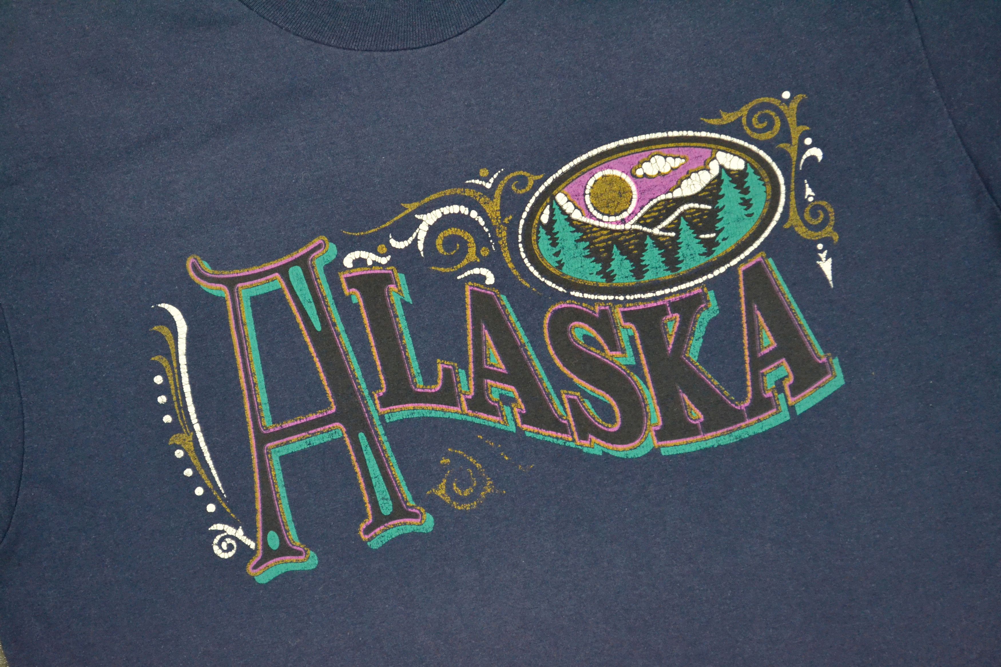Vintage 80s Vintage Alaska Big Nature Print Hanes Navy T-Shirt Size US XL / EU 56 / 4 - 7 Thumbnail