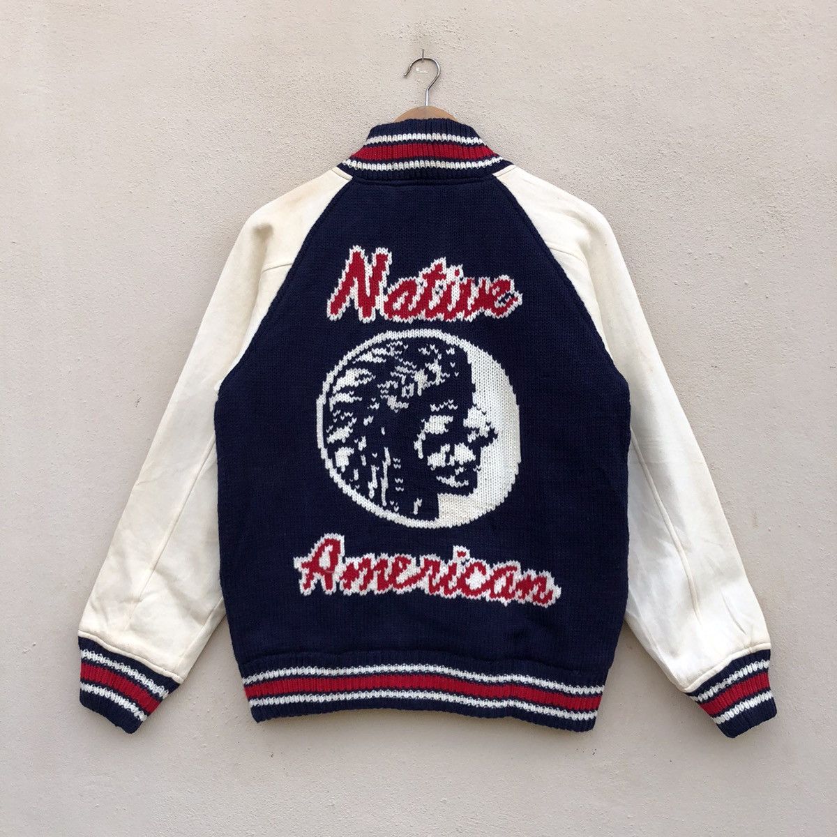 image of Willpips Knit Native American Varsity Jacket in Blue, Men's (Size Medium)
