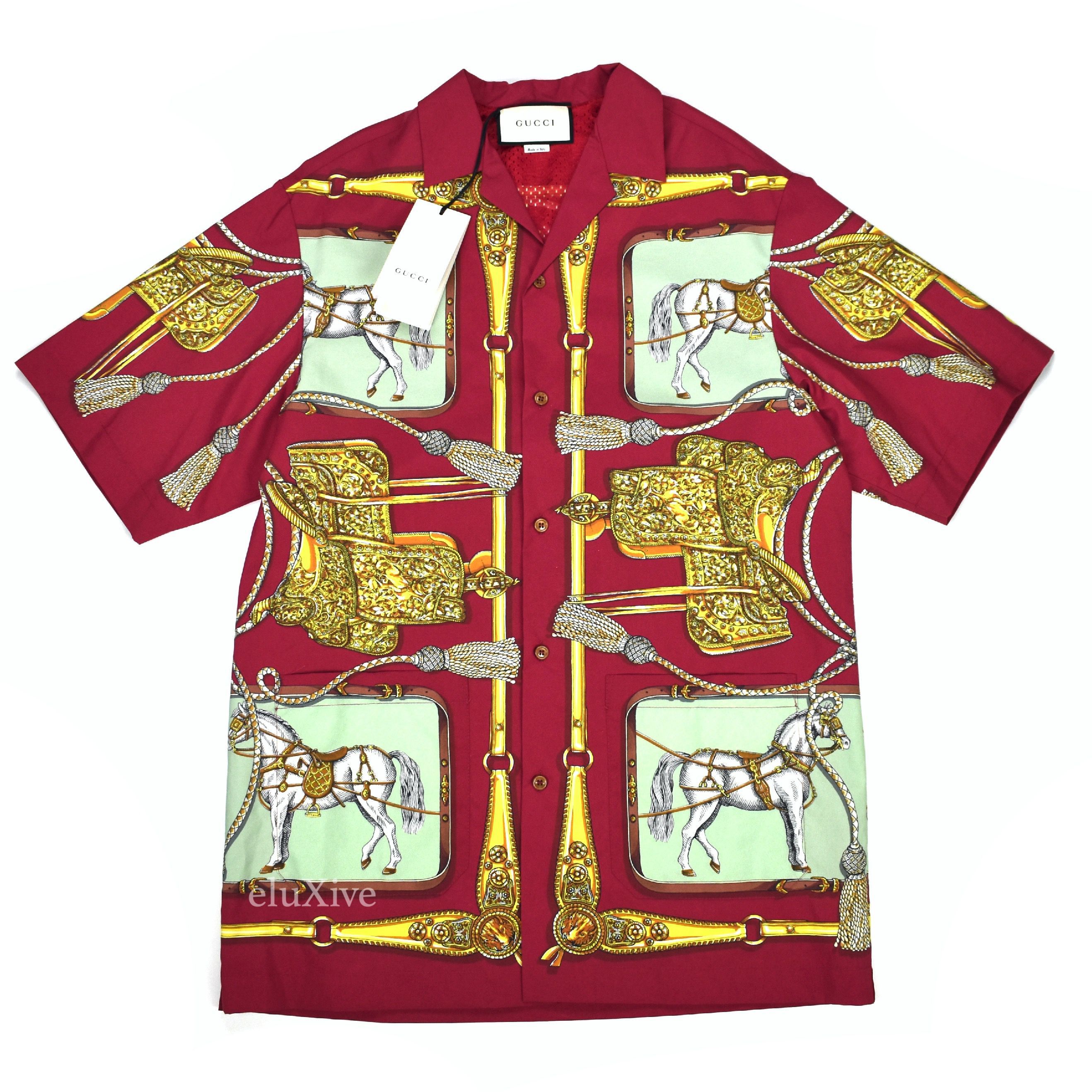 image of Gucci Pink Equestrian Print Nylon Bowling Shirt NWT in Maroon, Men's (Size Small)