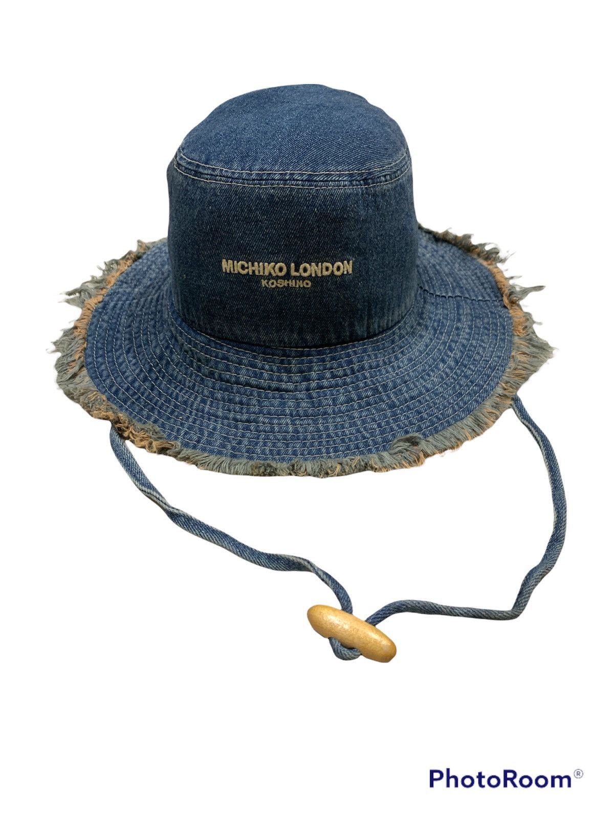 image of Michiko Koshino London Distressed Destroyed Denim Bucket Hat in Blue, Men's