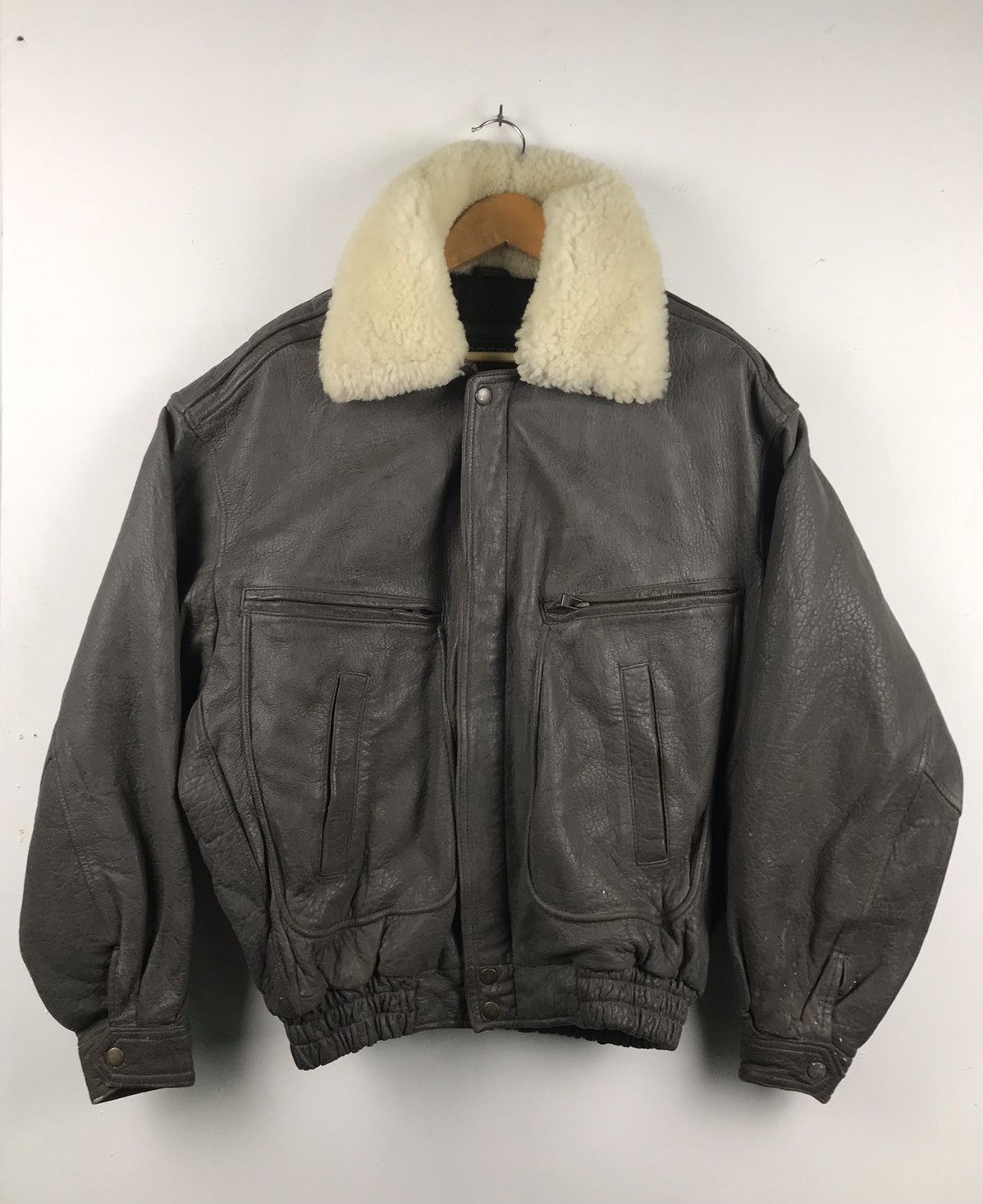image of Bomber Jacket x Leather Jacket Vintage Bomber Sherpa Leather Jacket in Dark Grey, Men's (Size XL)