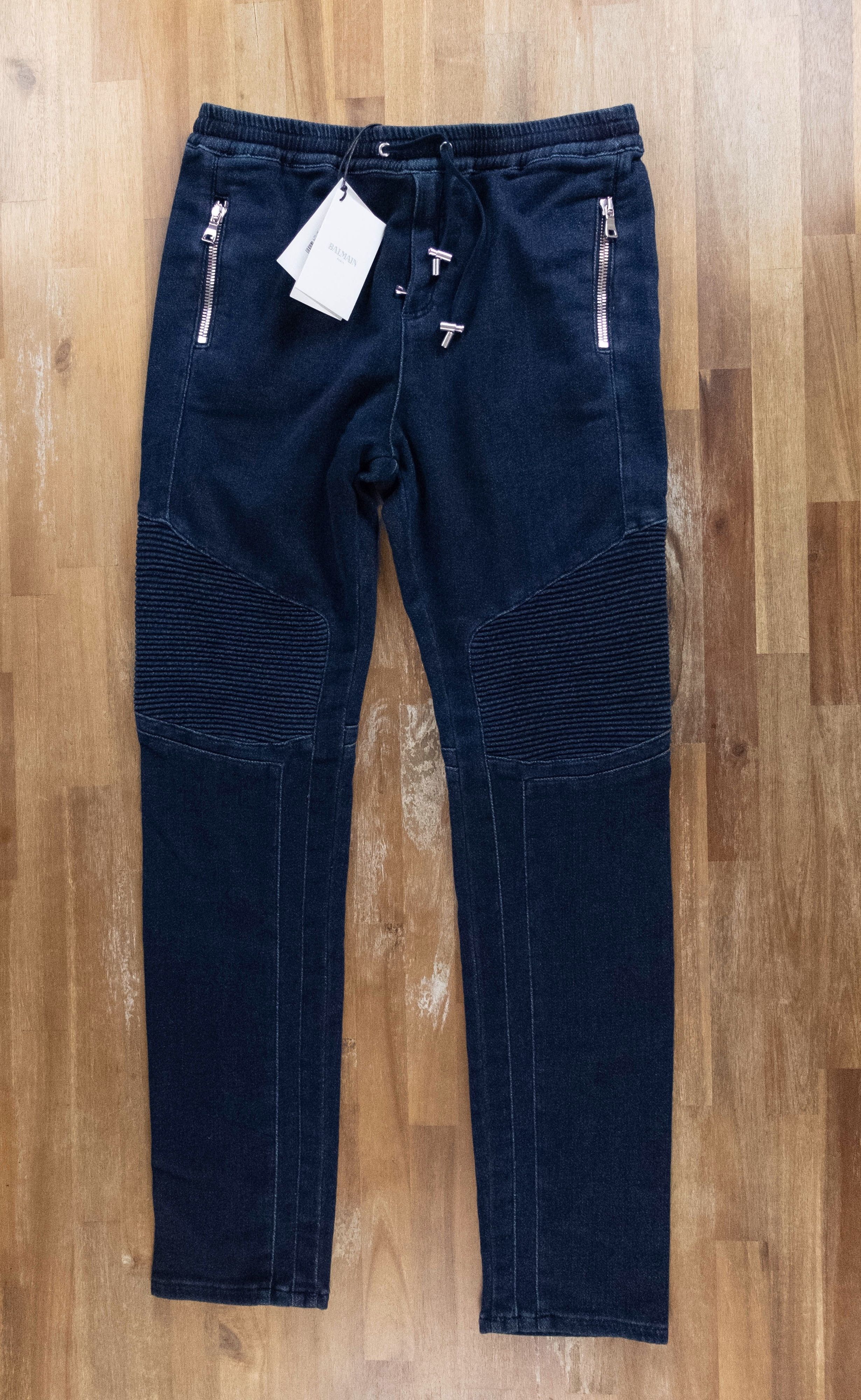 image of $799 Balmain Slim Denim Tapered Biker Sweat Pants Track 36 in Blue, Men's