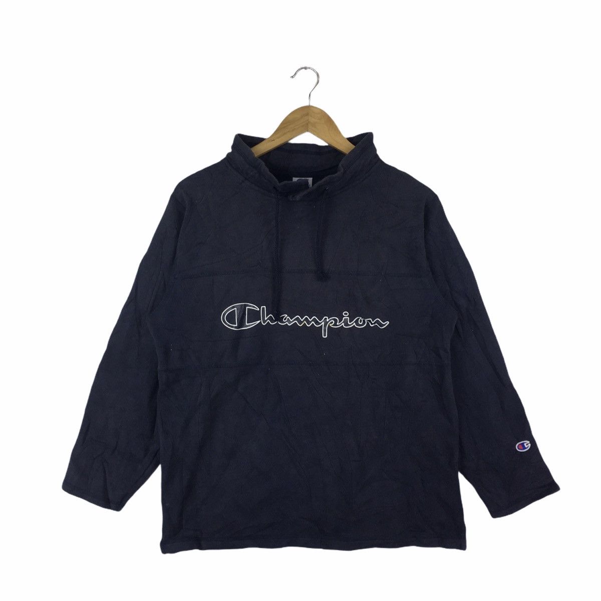 Vtg CHAMPION USA Script Center Logo Blue Sweater Sweatshirt