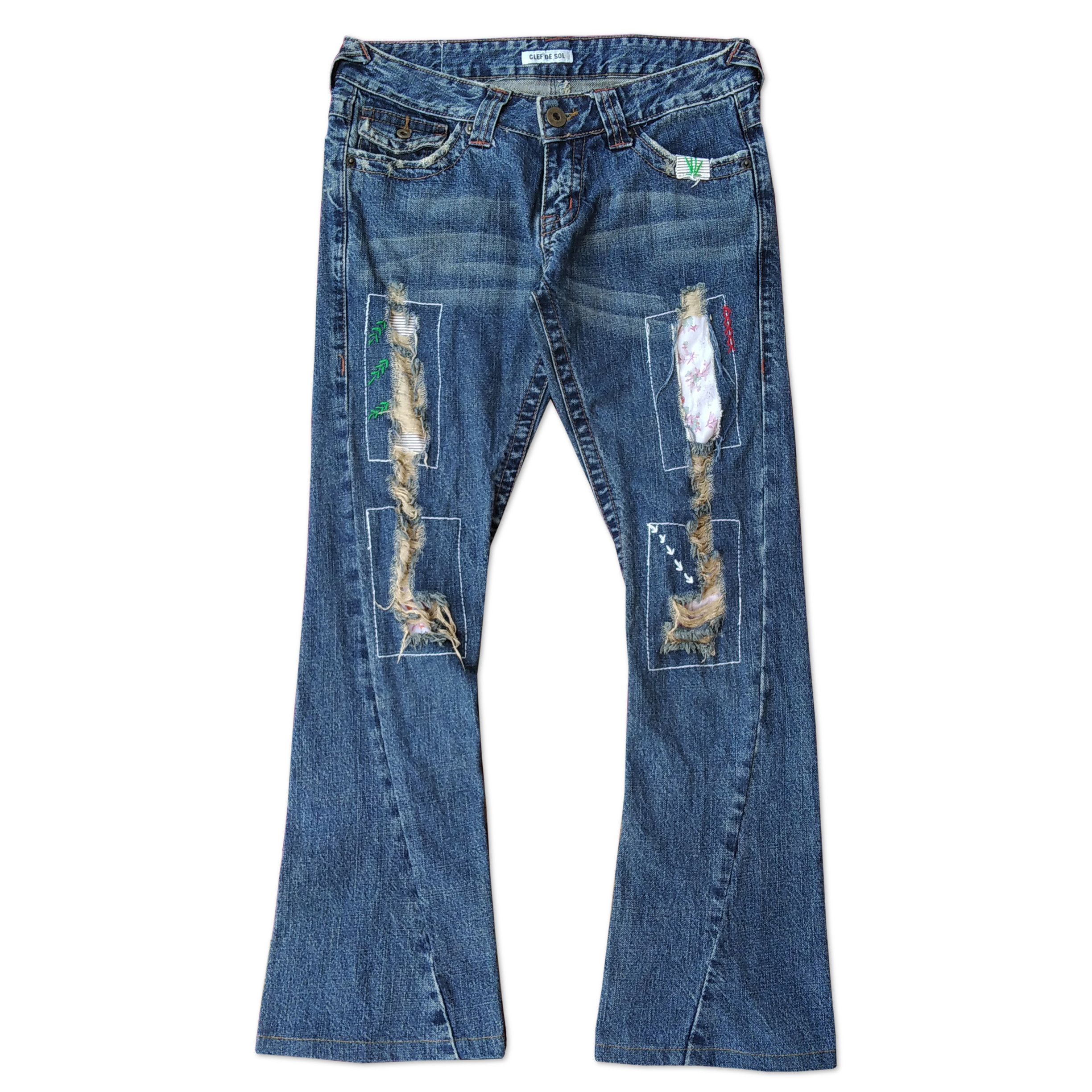 Tornado Mart Vintage 00's CLEF DE SOL Ripped Patchwork Flare Denim Size 31" - 1 Thumbnail