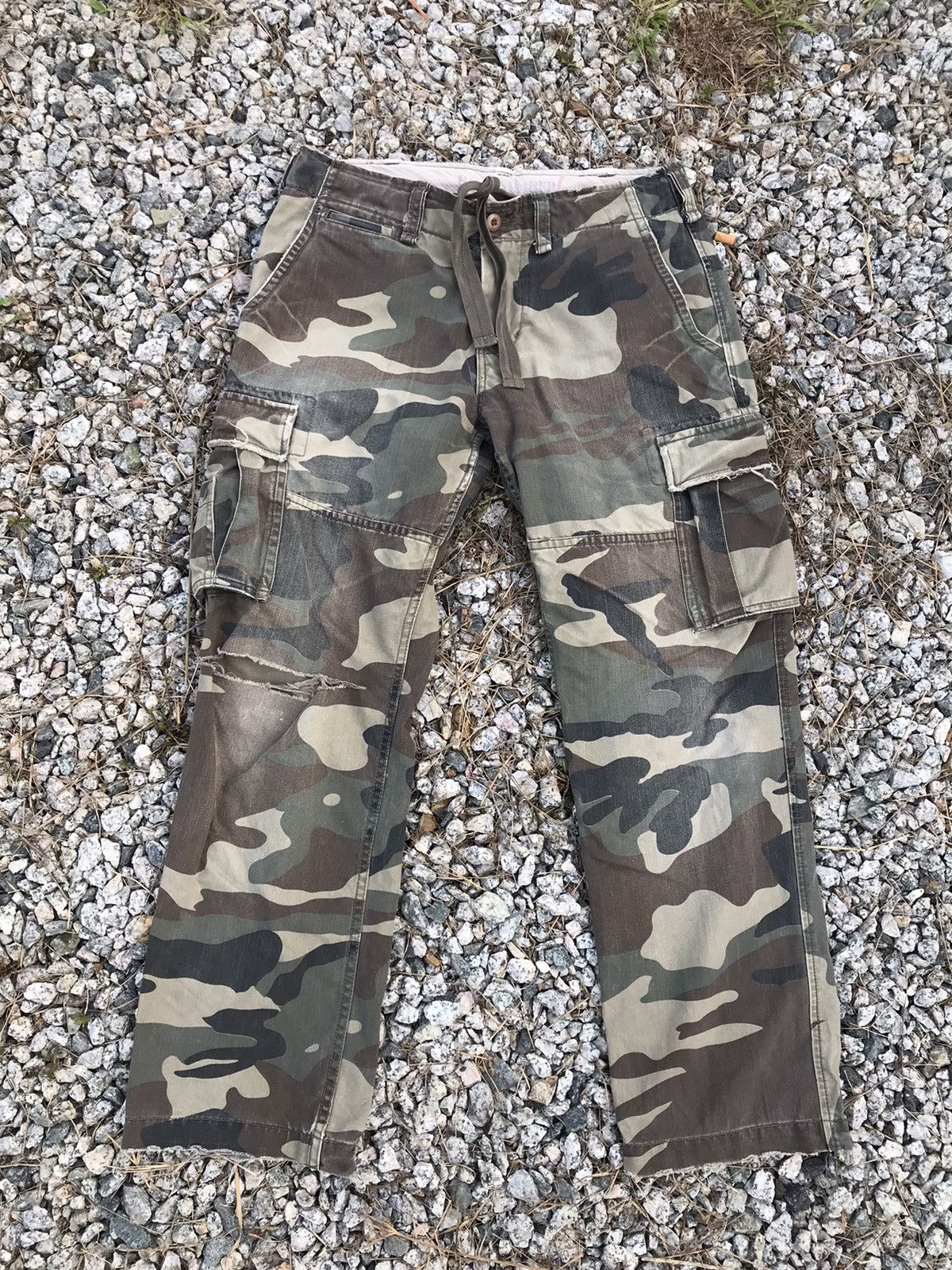 image of Distressed Back Number Camo Cargo Pants, Men's (Size 37)