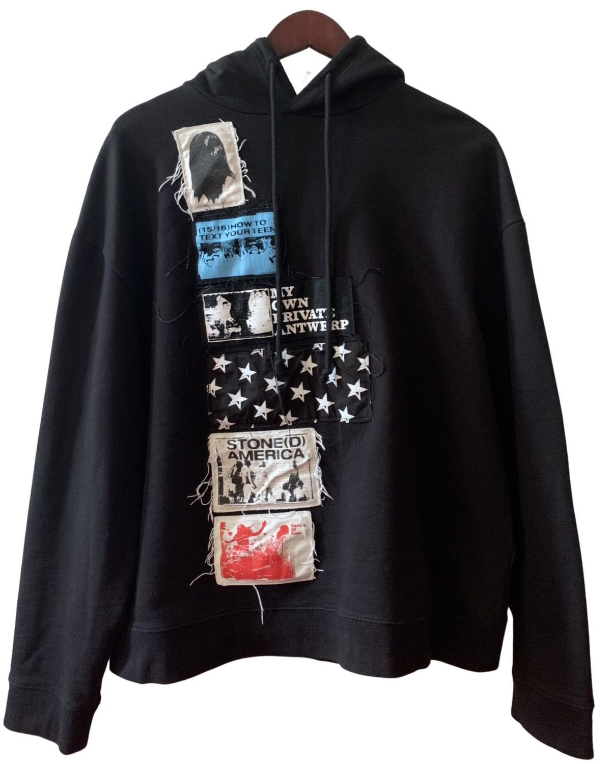 image of Raf Simons Ss20 Stone(D) America Black Patched Hoodie, Men's (Size Large)