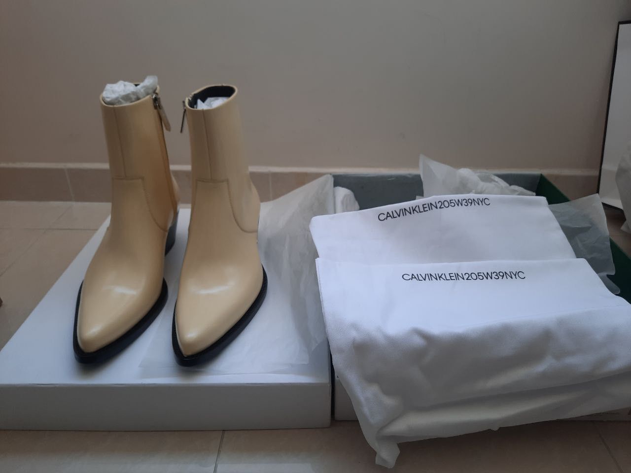 image of Calvin Klein 205W39Nyc x Raf Simons Tex C Leather Ankle Metal Spazzolato Boots in Vanilla (Size 8)