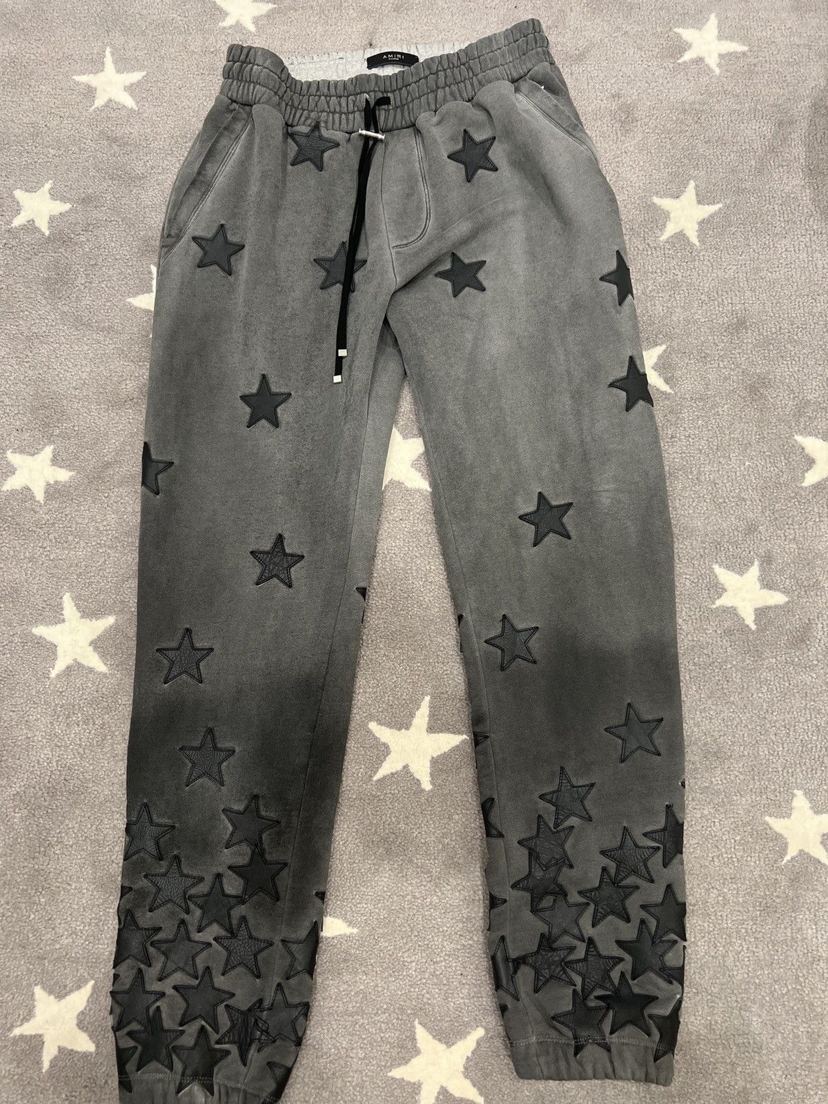 image of Amiri Chemist Leather Star Sweatpants in Grey, Men's (Size 36)