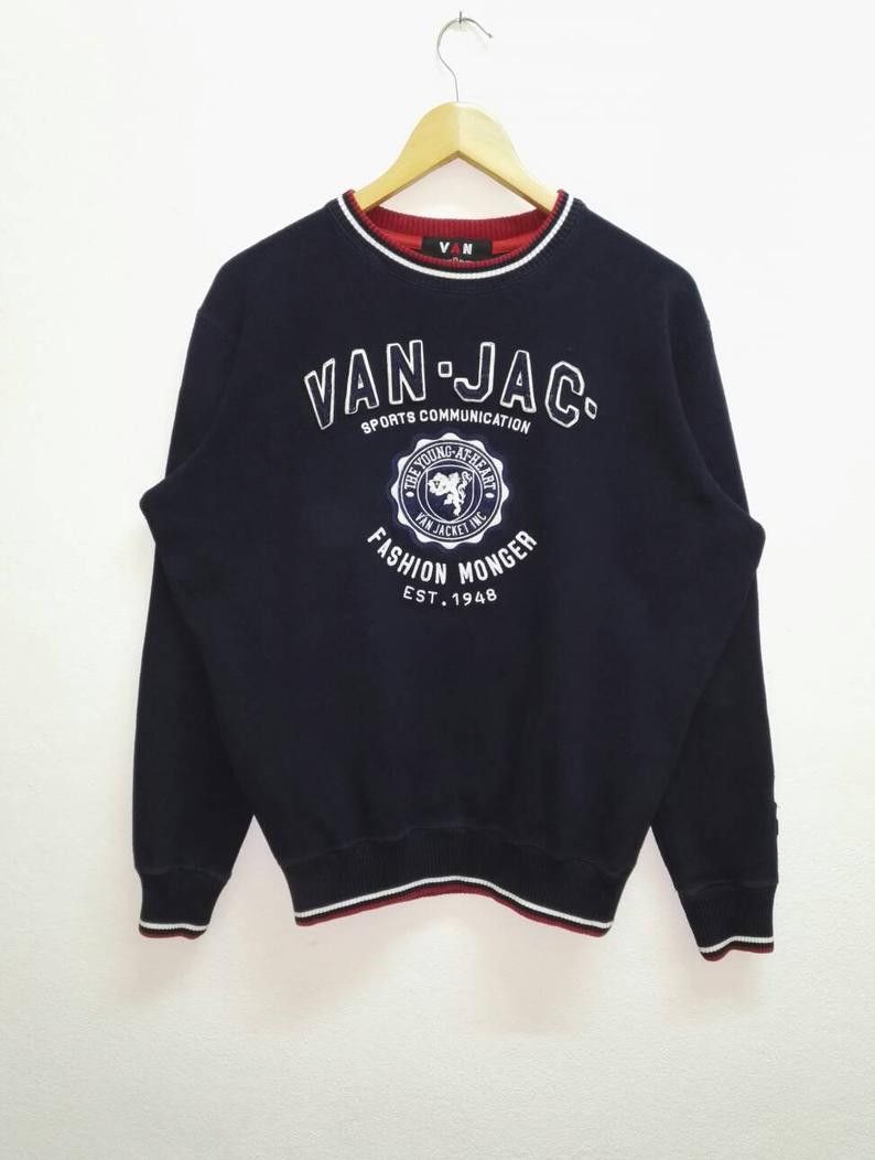 image of Vintage Van Jac Embroidered Big Logo Spell Out Crewneck (Ss290) in Navy Blue, Men's (Size Medium)