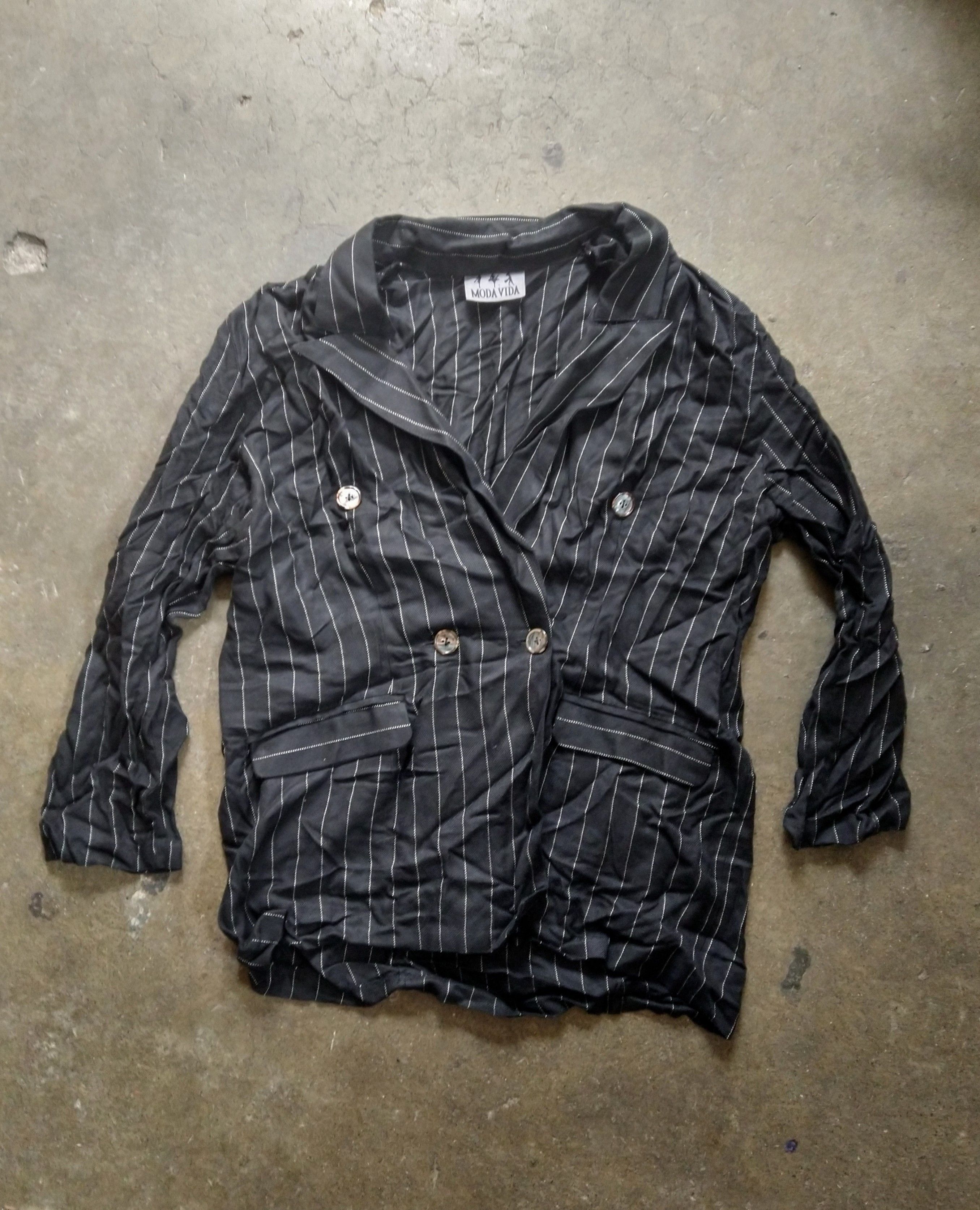 Vintage Vintage Blazer Black Striped Unstructured Double Breasted Size 46L - 1 Thumbnail