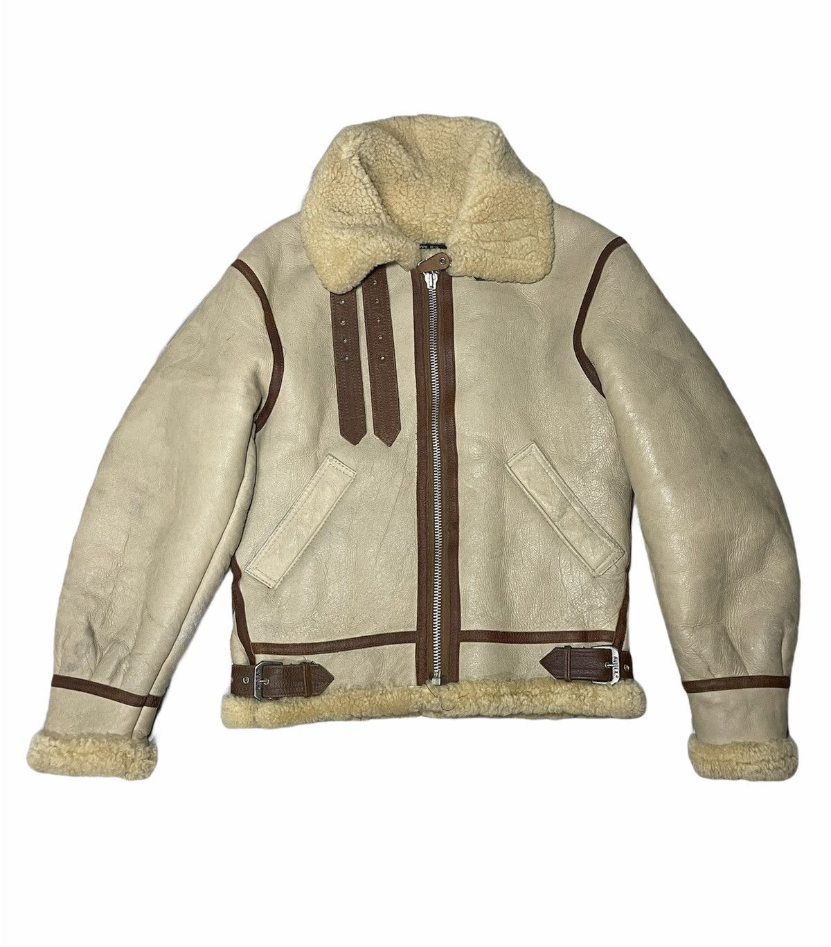 image of Vintage Limited Avirex B3 Leather Shearling Jacket in Cream, Men's (Size Small)