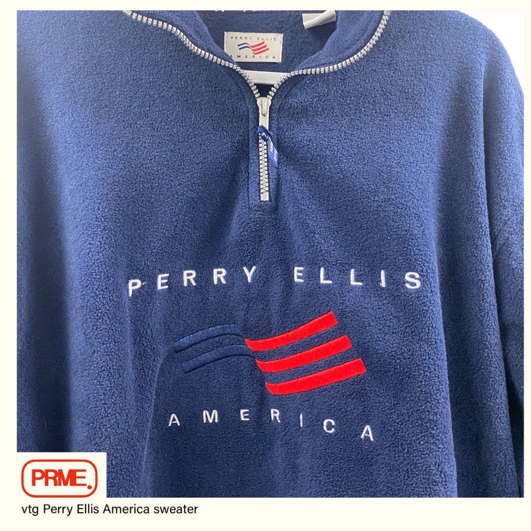 Perry Ellis vintage 90s PERRY ELLIS AMERICA 1/4 Zip Fleece pullover Size US L / EU 52-54 / 3 - 1 Thumbnail